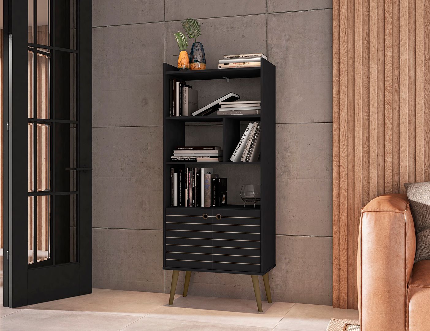 Manhattan Comfort Bogart 63" Bookcase Cabinet In Black & Nature
