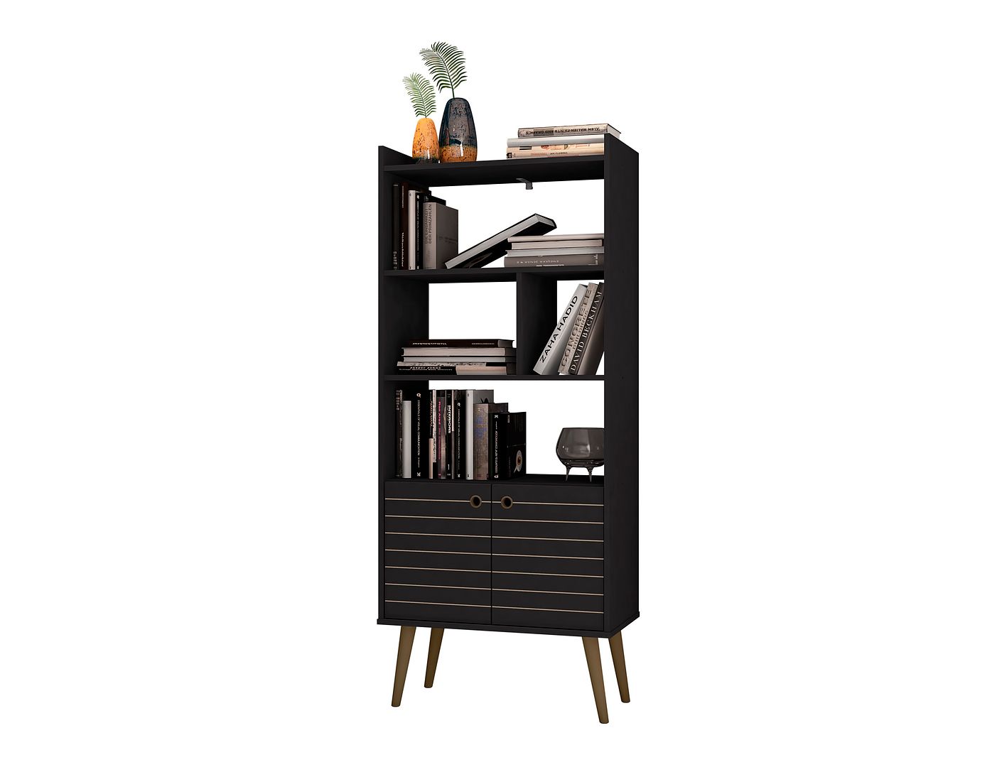 Manhattan Comfort Bogart 63" Bookcase Cabinet In Black & Nature