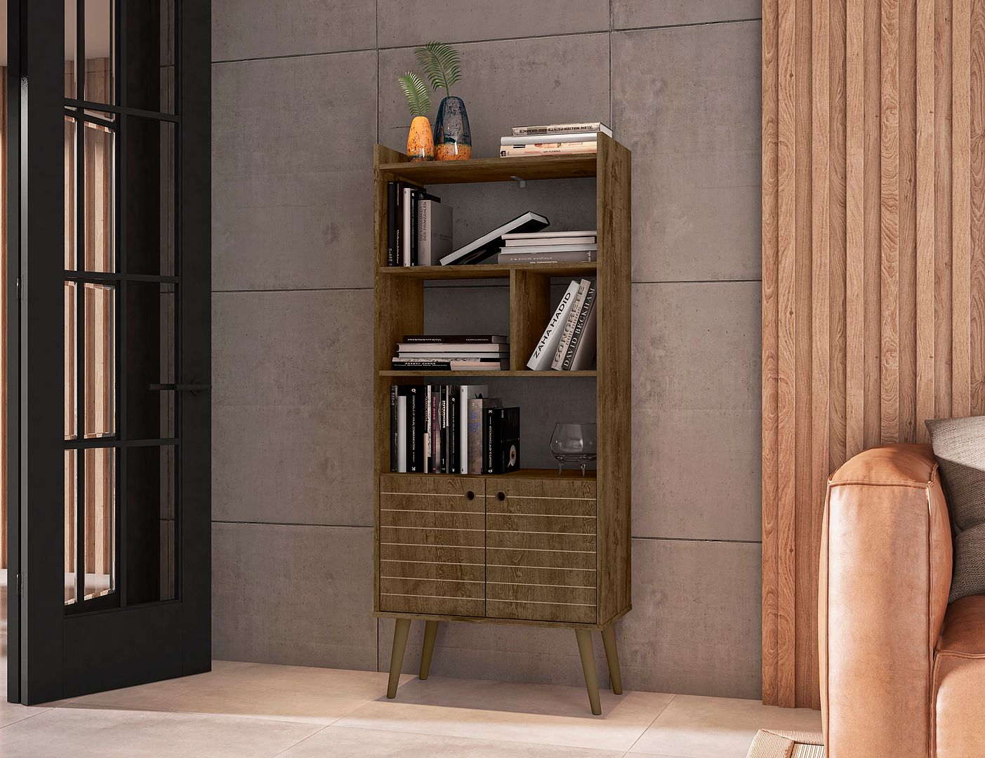 Manhattan Comfort Bogart 63" Bookcase Cabinet In Rustic Brown & Nature