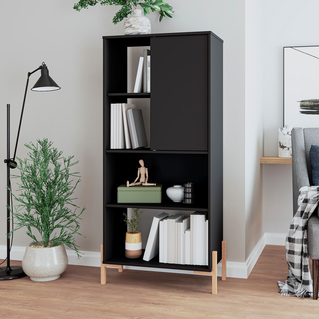 Manhattan Comfort Bowery Bookcase Cabinet With 5 Shelves In Black & Oak
