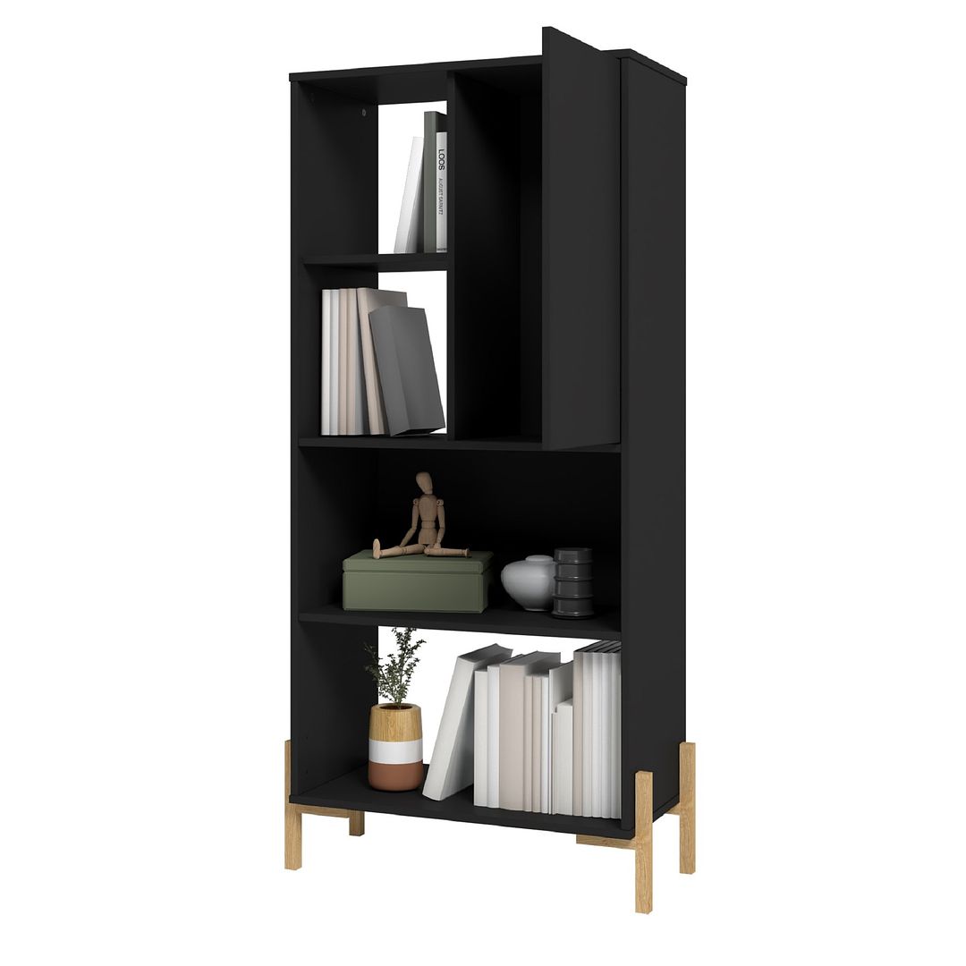 Manhattan Comfort Bowery Bookcase Cabinet With 5 Shelves In Black & Oak
