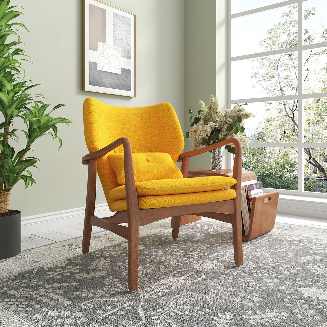 Manhattan Comfort Bradley Yellow & Walnut Linen Weave Accent Chairs In A Set Of 2
