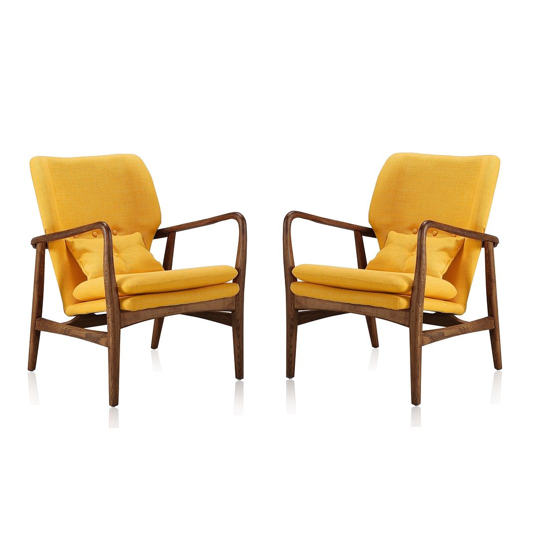 Manhattan Comfort Bradley Yellow & Walnut Linen Weave Accent Chairs In A Set Of 2