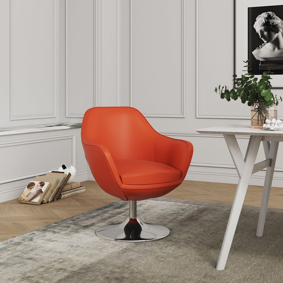 Manhattan Comfort Caisson Orange & Polished Chrome Faux Leather Swivel Accent Chair