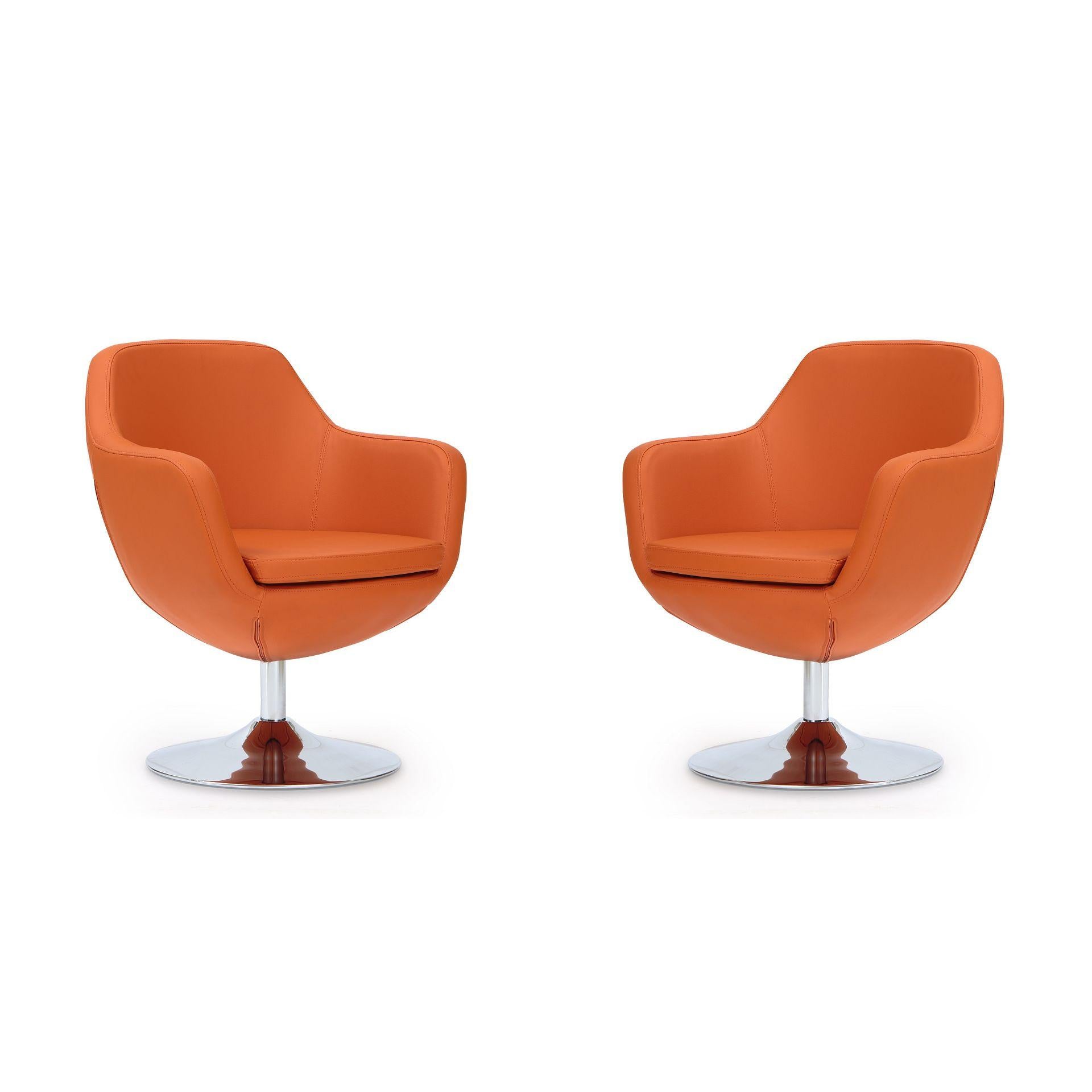 Manhattan Comfort Caisson Orange & Polished Chrome Faux Leather Swivel Accent Chairs In A Set Of 2