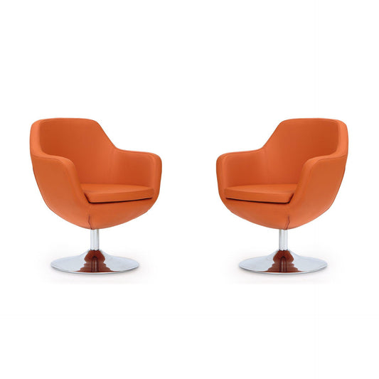 Manhattan Comfort Caisson Orange & Polished Chrome Faux Leather Swivel Accent Chairs In A Set Of 2