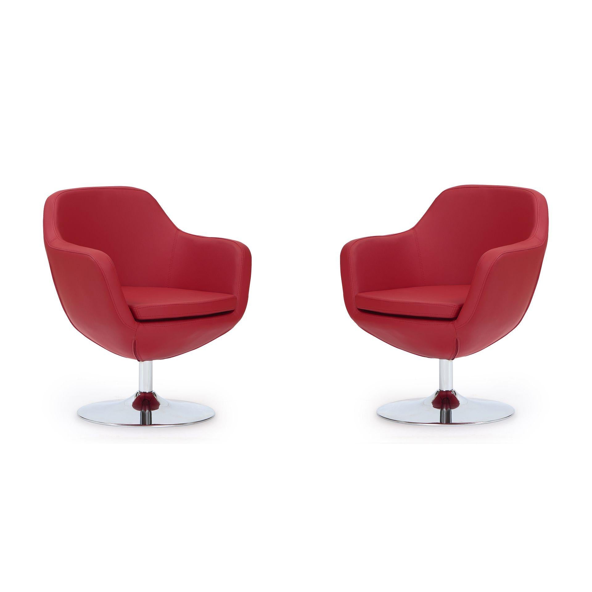 Manhattan Comfort Caisson Red & Polished Chrome Faux Leather Swivel Accent Chairs In A Set Of 2