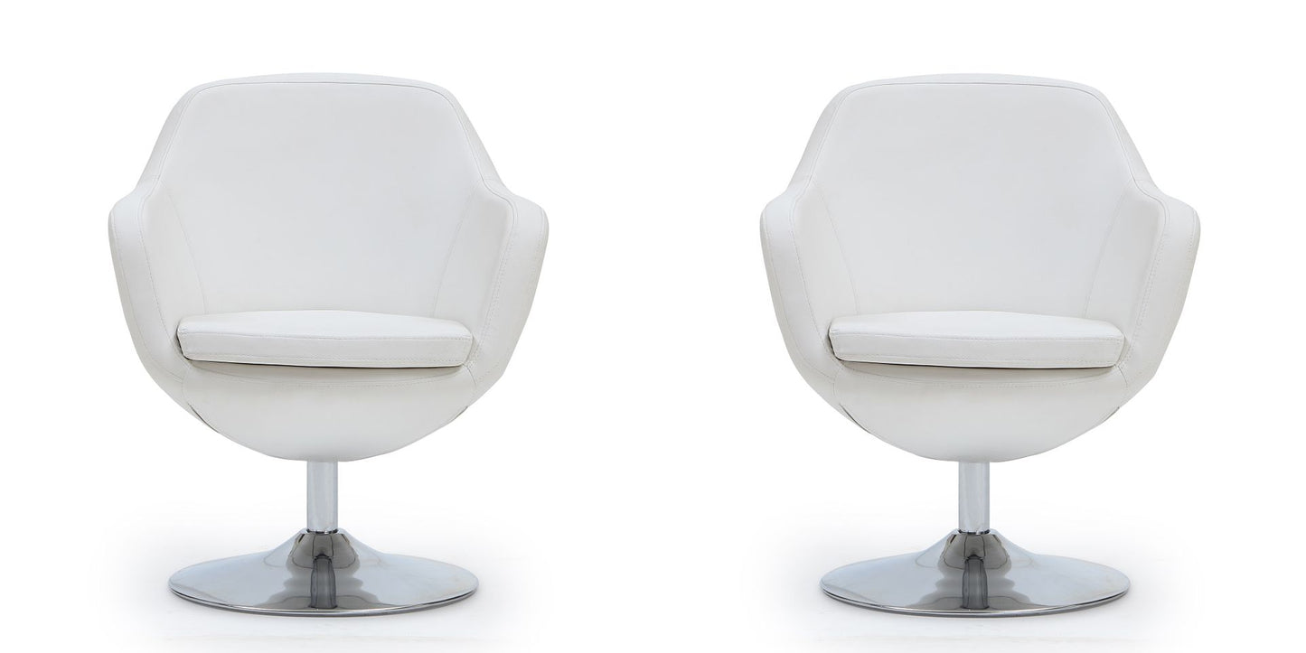 Manhattan Comfort Caisson White & Polished Chrome Faux Leather Swivel Accent Chairs In A Set Of 2