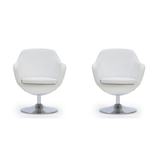 Manhattan Comfort Caisson White & Polished Chrome Faux Leather Swivel Accent Chairs In A Set Of 2