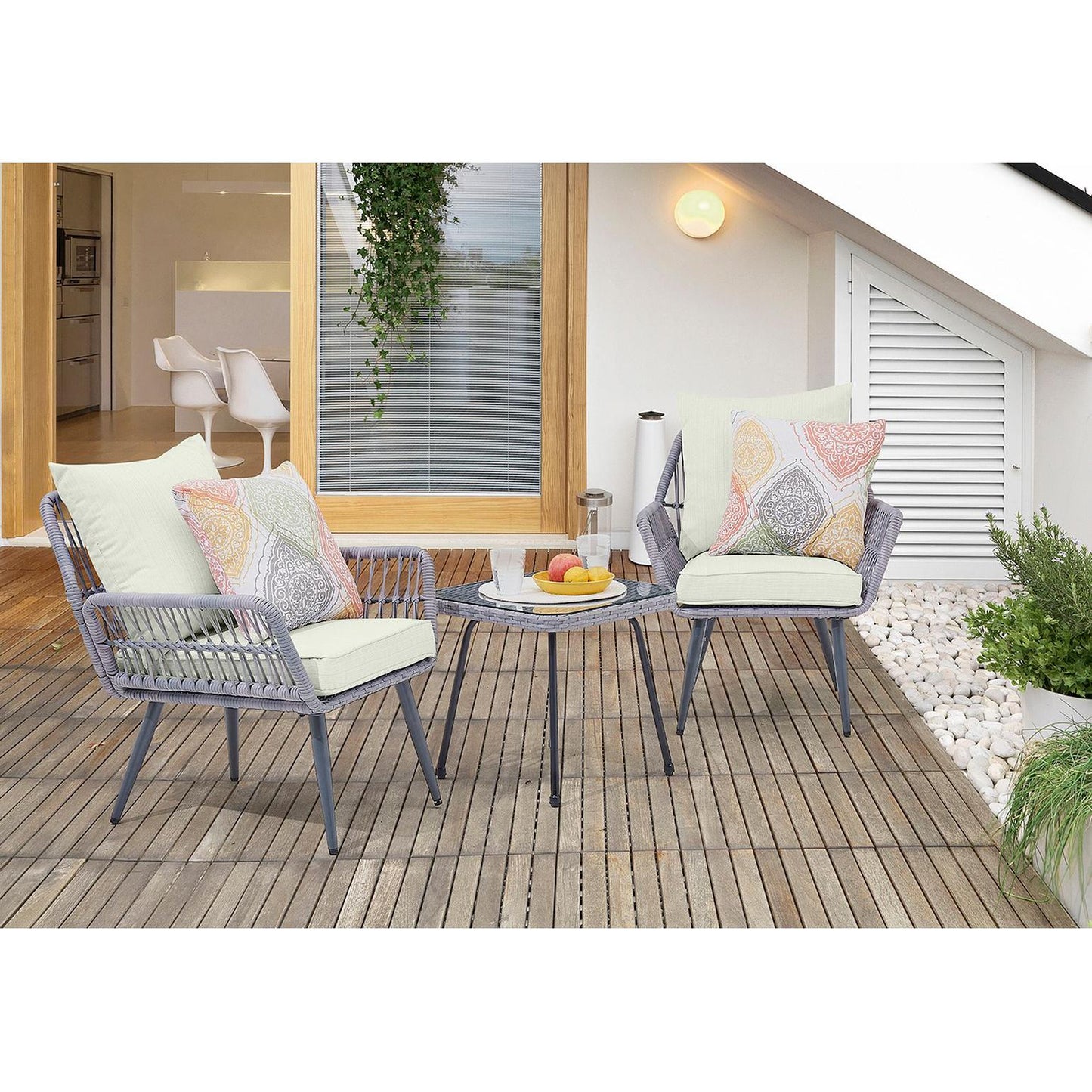 Manhattan Comfort Cannes Rope Wicker 3-Piece Patio Conversation Set With Cushions In Cream