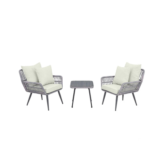 Manhattan Comfort Cannes Rope Wicker 3-Piece Patio Conversation Set With Cushions In Cream