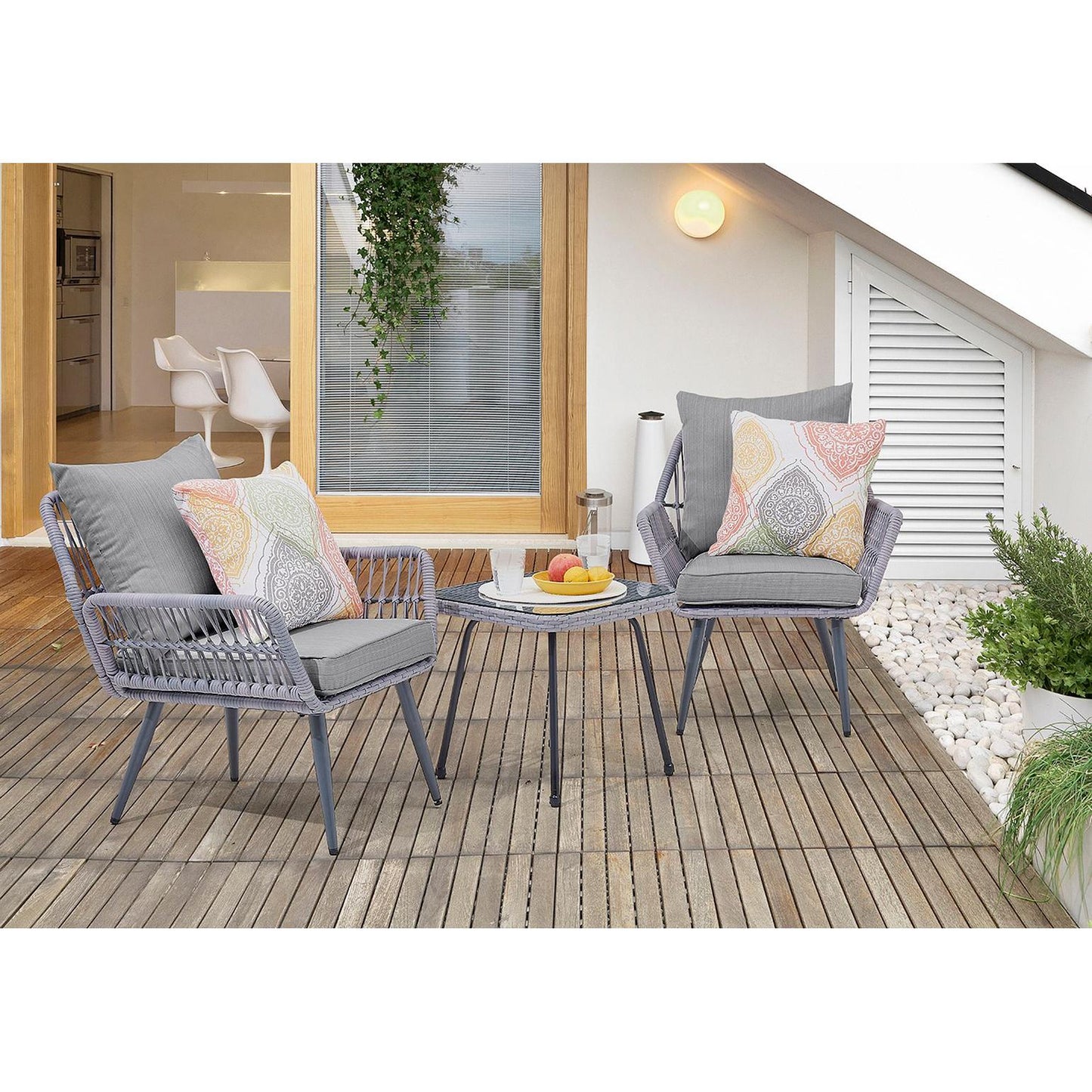 Manhattan Comfort Cannes Rope Wicker 3-Piece Patio Conversation Set With Cushions In Gray