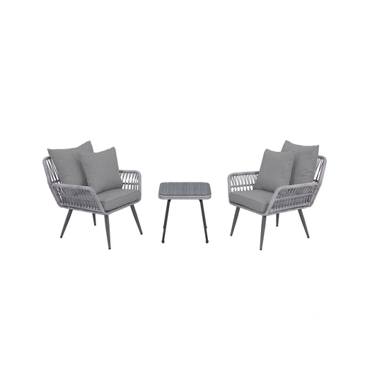 Manhattan Comfort Cannes Rope Wicker 3-Piece Patio Conversation Set With Cushions In Gray