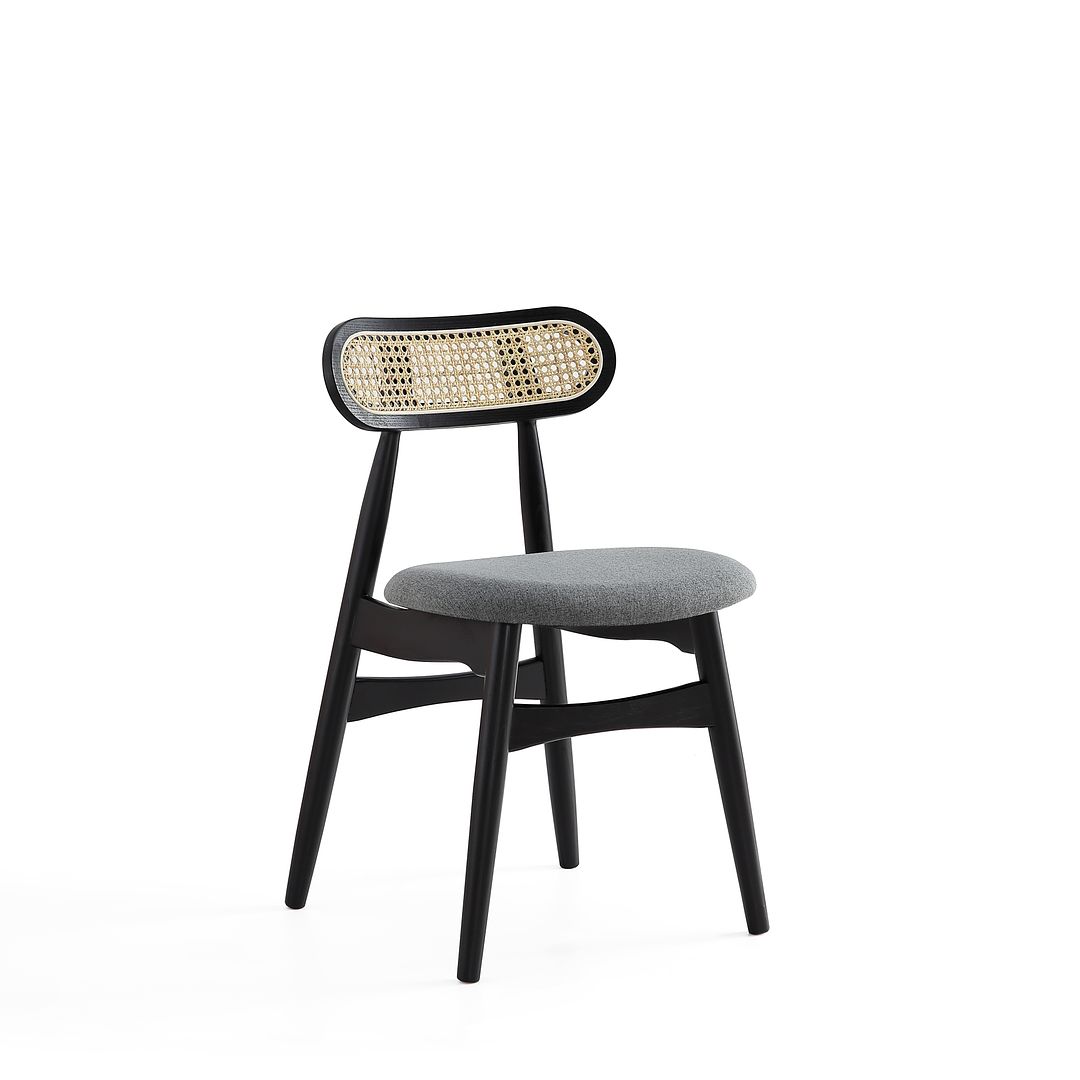 Manhattan Comfort Colbert Black & Cane With Gray Upholstered Dining Chairs In A Set Of 2