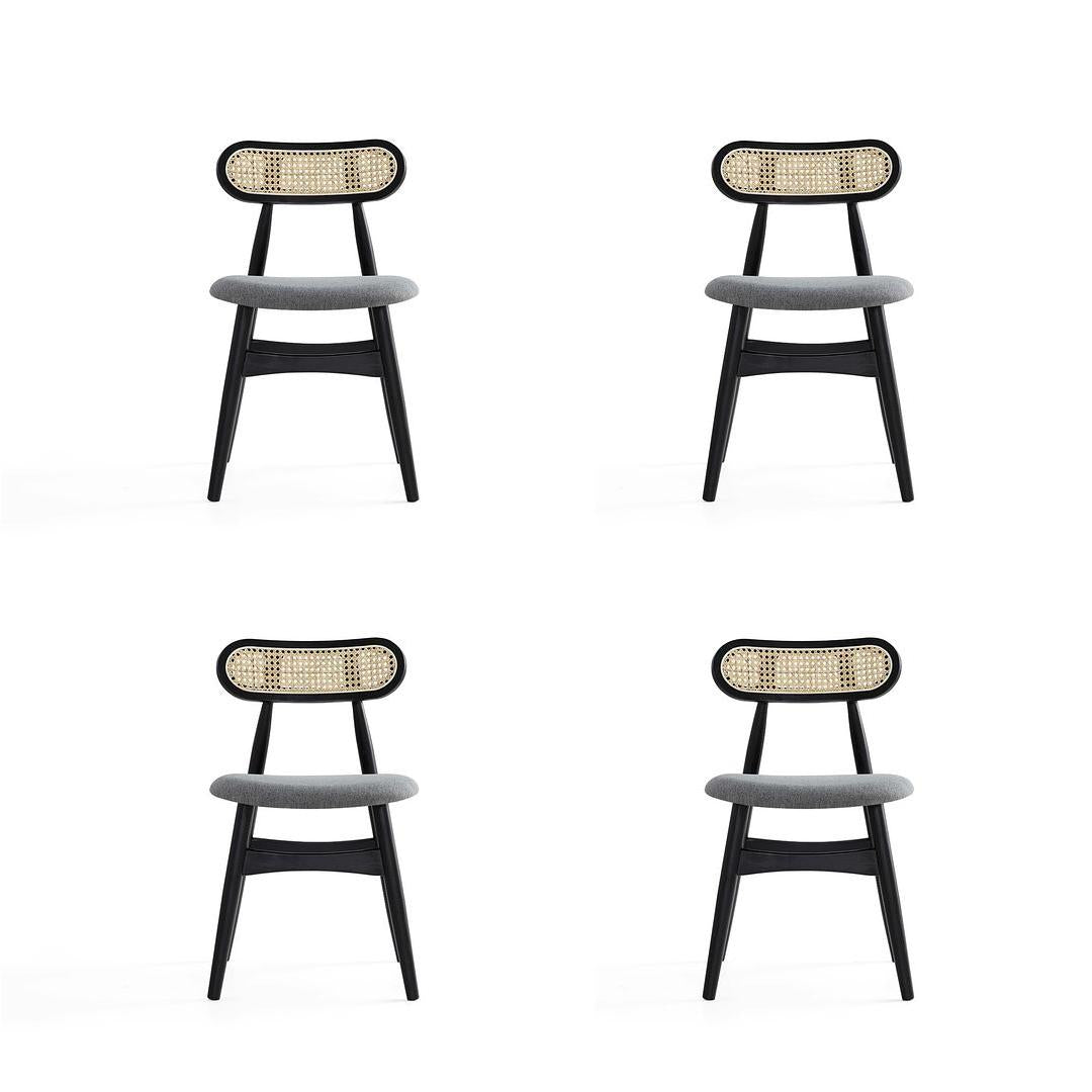 Manhattan Comfort Colbert Black & Cane With Gray Upholstered Dining Chairs In A Set Of 4
