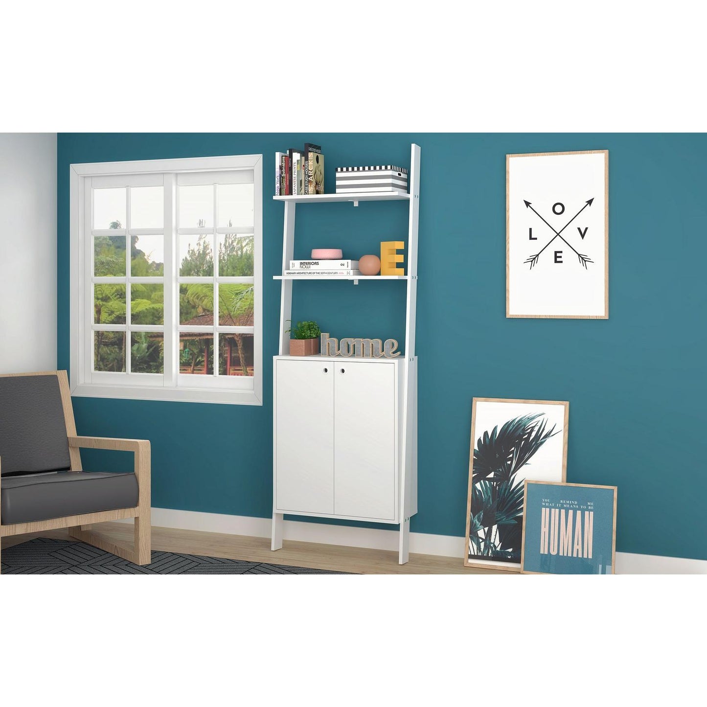 Manhattan Comfort Cooper Ladder Display Cabinet With 2 Floating Shelves In White