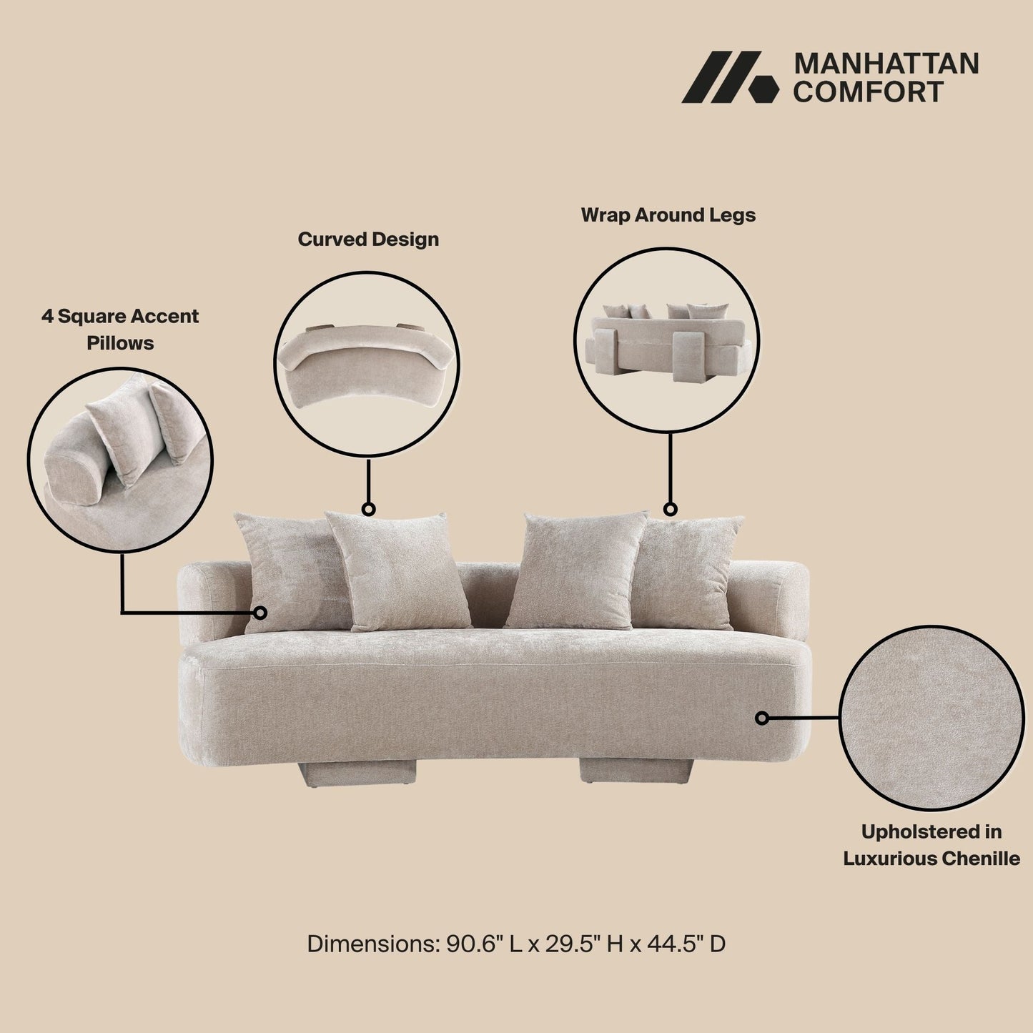 Manhattan Comfort Cream Modern Verandah Chenille 91" Sofa