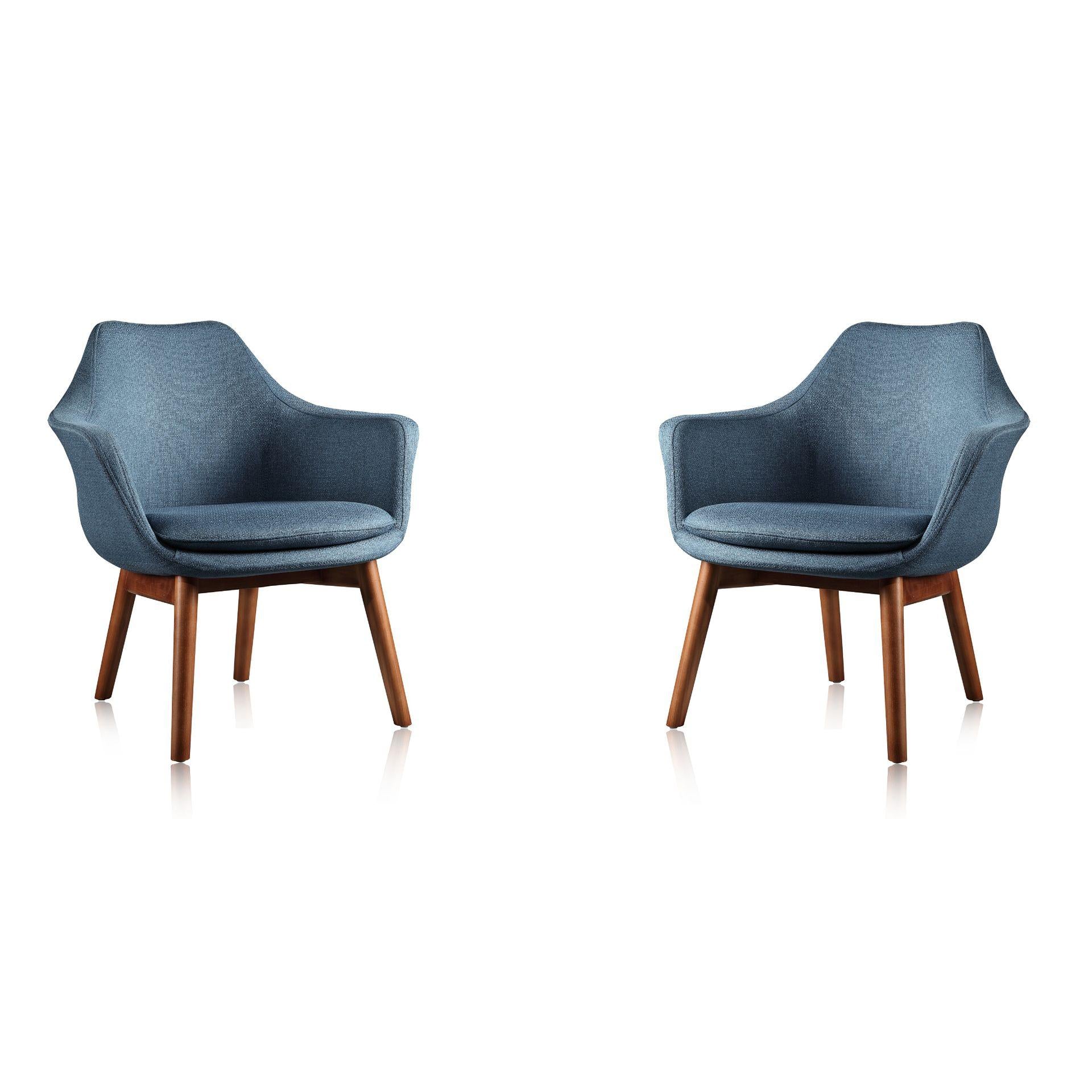 Manhattan Comfort Cronkite Blue & Walnut Twill Accent Chairs In A Set Of 2