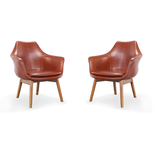 Manhattan Comfort Cronkite Brown & Walnut Faux Leather Accent Chairs In A Set Of 2