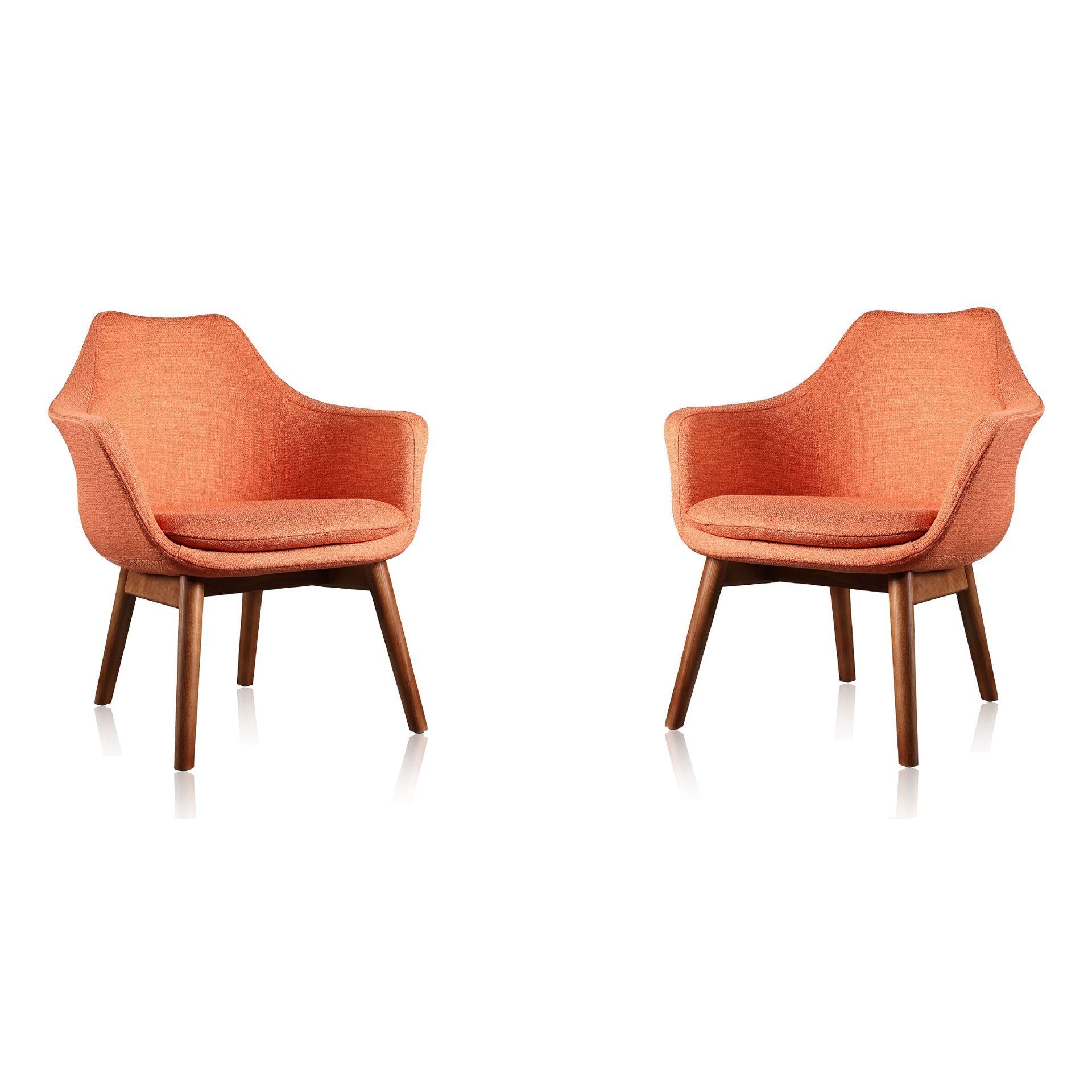 Manhattan Comfort Cronkite Orange & Walnut Twill Accent Chairs In A Set Of 2