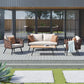 Manhattan Comfort Crown 4-Piece Metal Patio Conversation Set With Brown & White Cushions