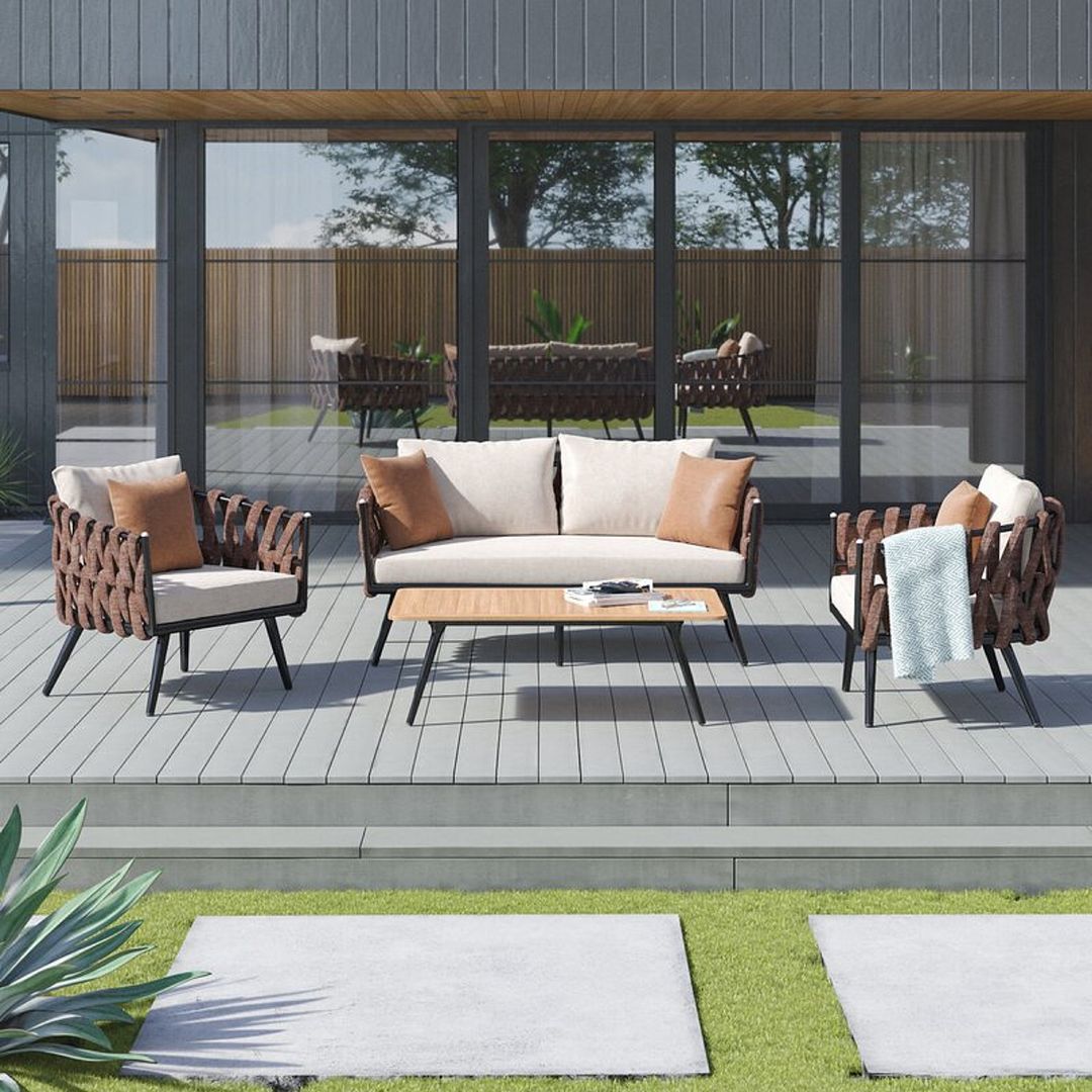 Manhattan Comfort Crown 4-Piece Metal Patio Conversation Set With Brown & White Cushions
