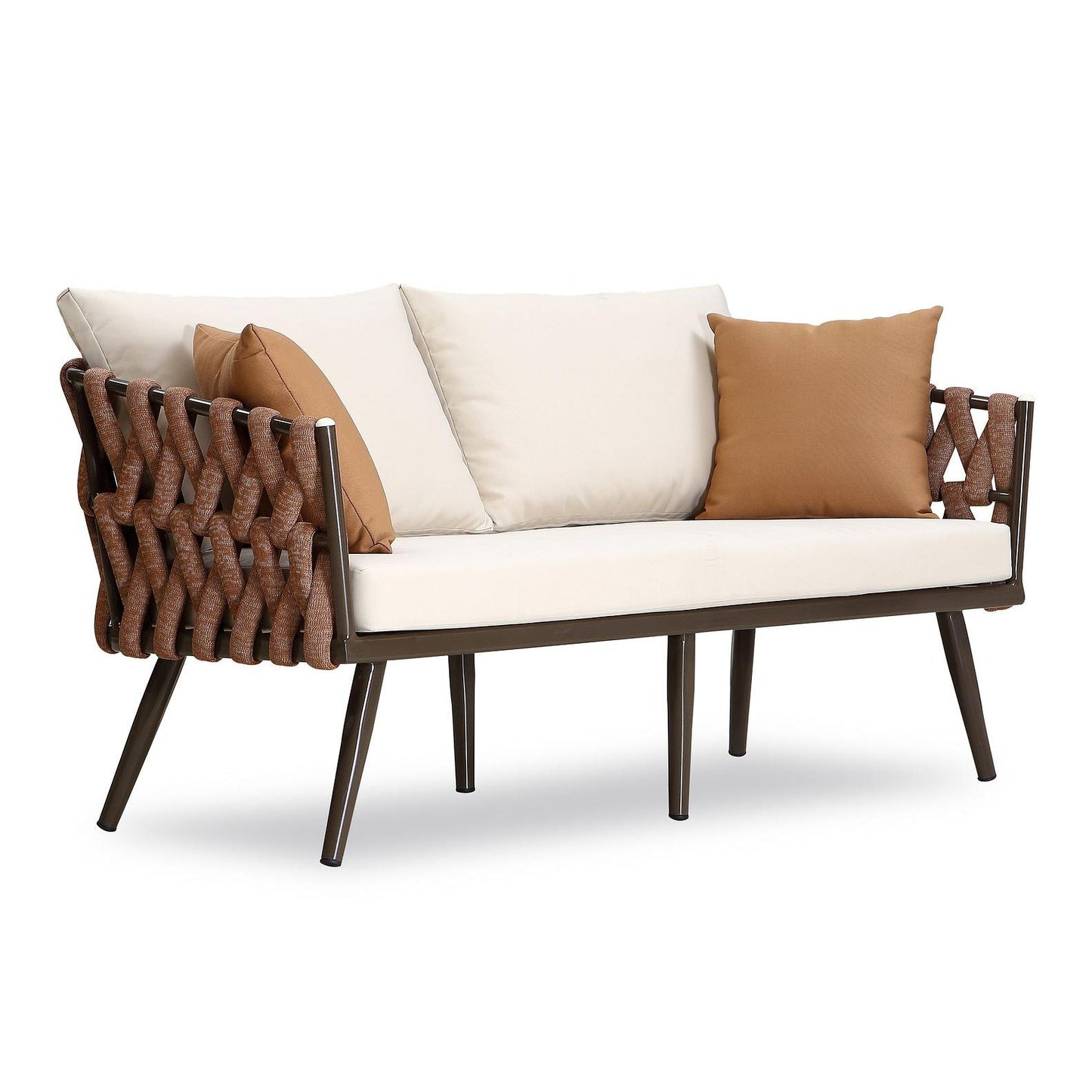 Manhattan Comfort Crown 4-Piece Metal Patio Conversation Set With Brown & White Cushions
