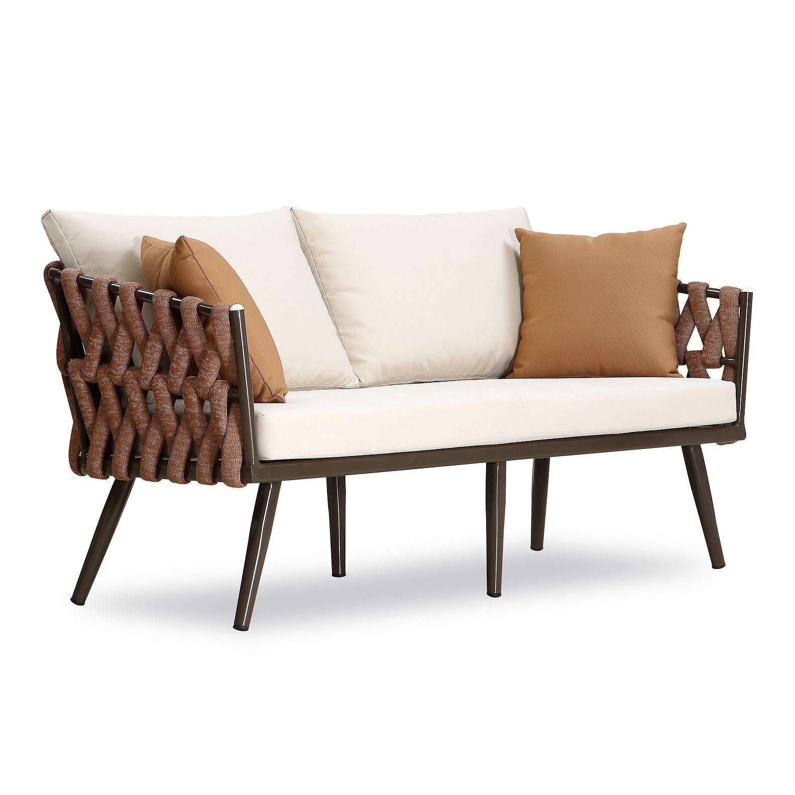 Manhattan Comfort Crown 4-Piece Metal Patio Conversation Set With Brown & White Cushions