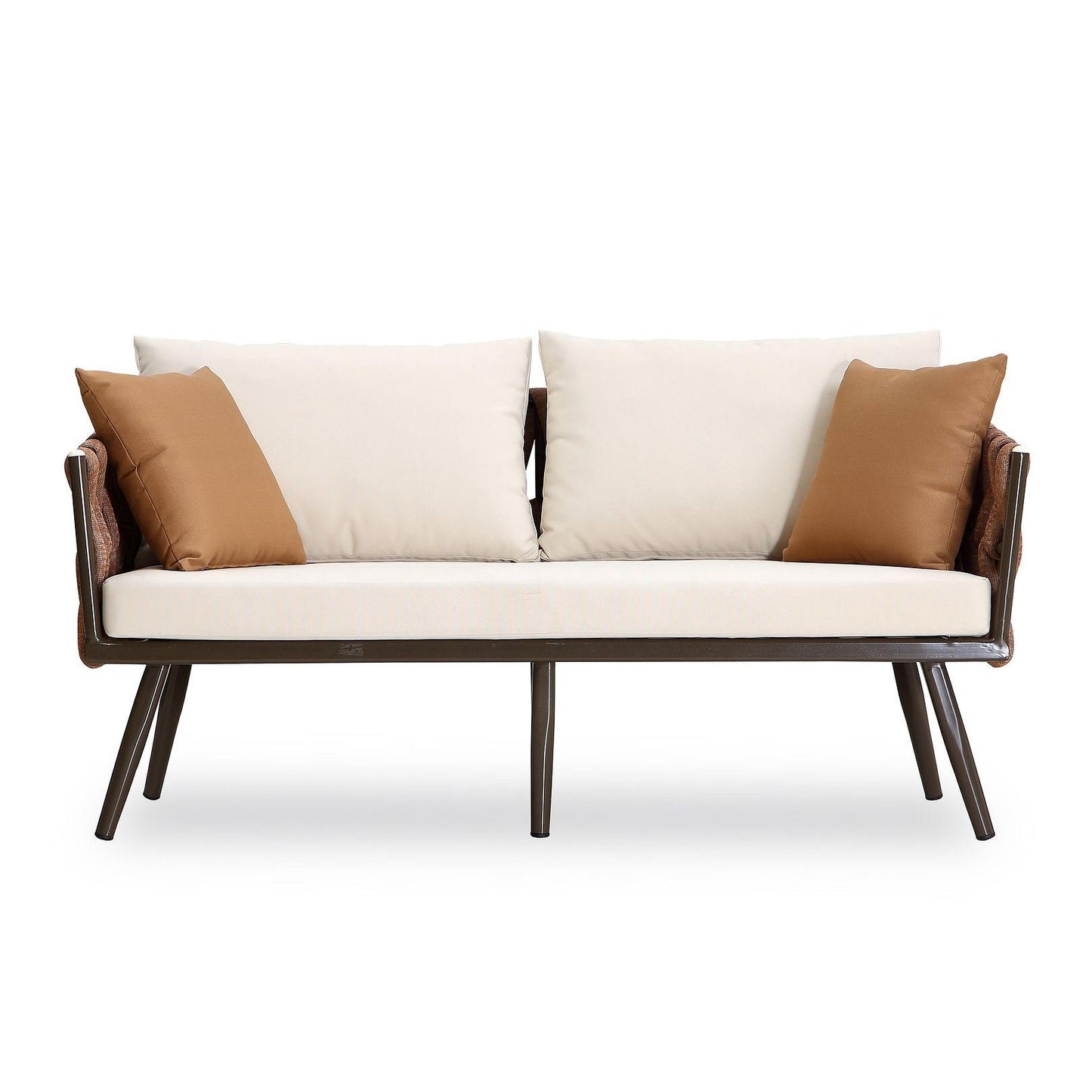 Manhattan Comfort Crown 4-Piece Metal Patio Conversation Set With Brown & White Cushions