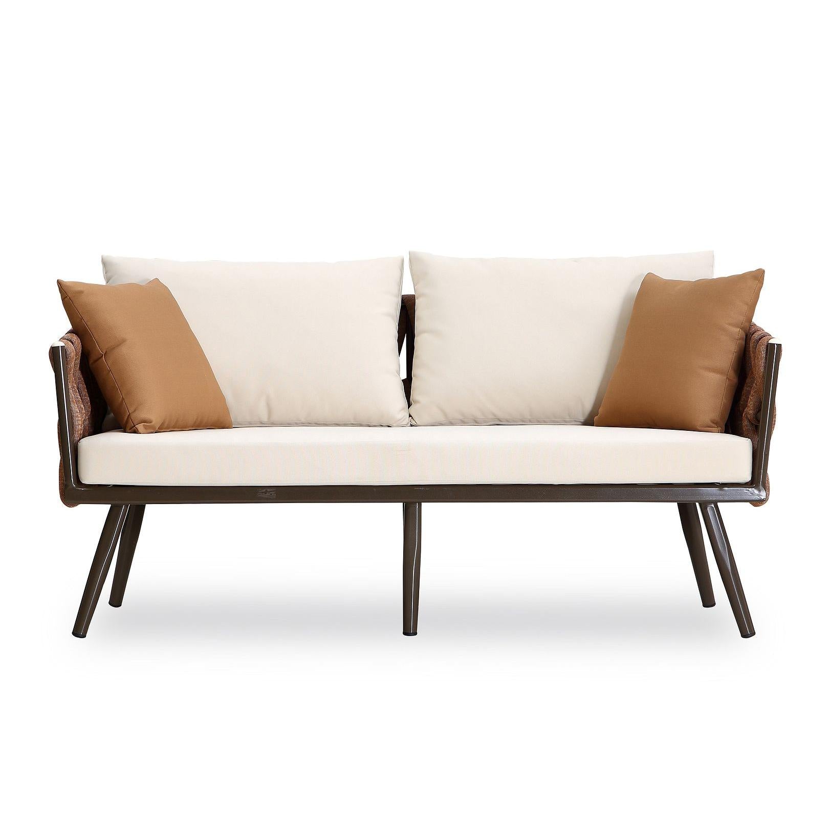 Manhattan Comfort Crown 4-Piece Metal Patio Conversation Set With Brown & White Cushions