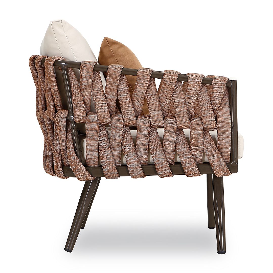 Manhattan Comfort Crown 4-Piece Metal Patio Conversation Set With Brown & White Cushions