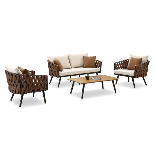 Manhattan Comfort Crown 4-Piece Metal Patio Conversation Set With Brown & White Cushions