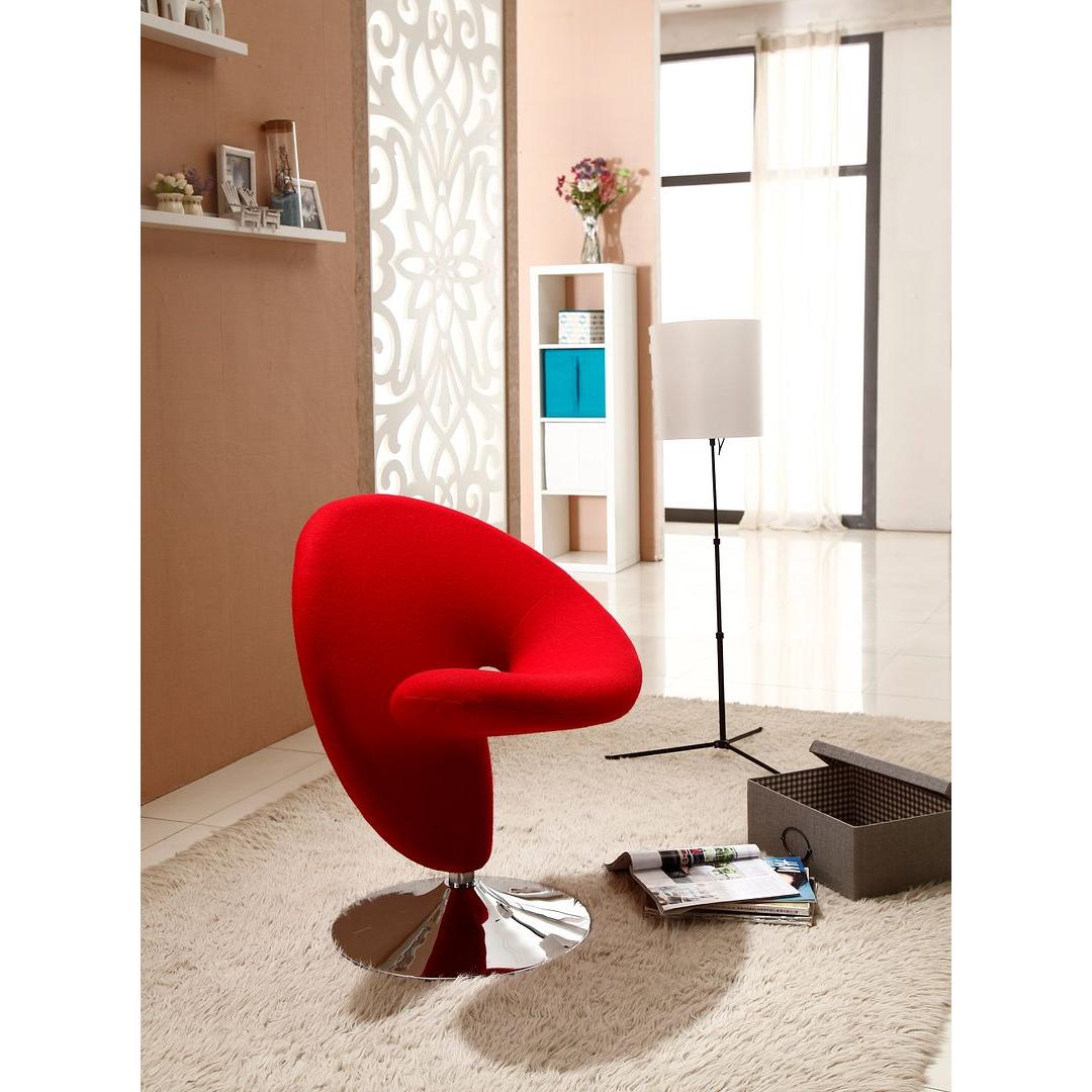 Manhattan Comfort Curl Red & Polished Chrome Wool Blend Swivel Accent Chair