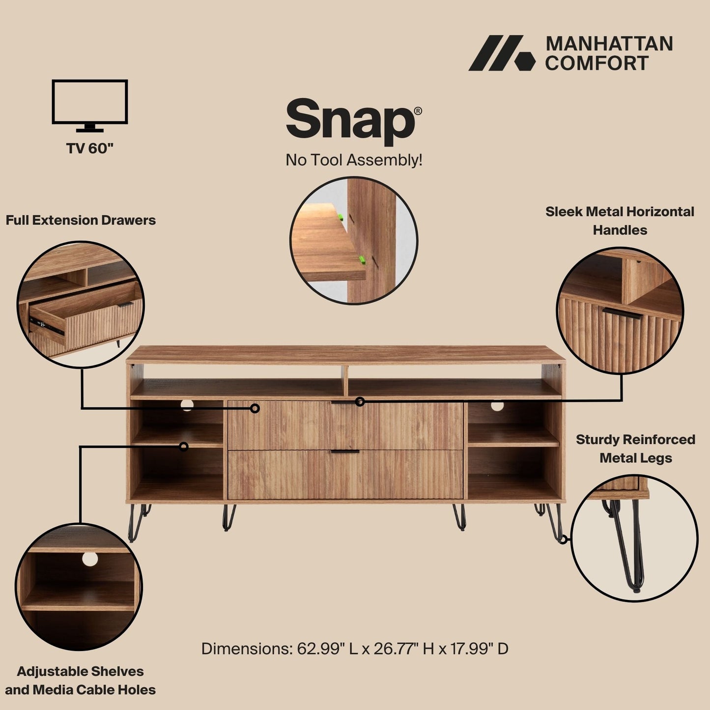Manhattan Comfort DUMBO 63" Golden Brown Mid-Century Modern TV Stand With 6 Shelves & 2 Drawers