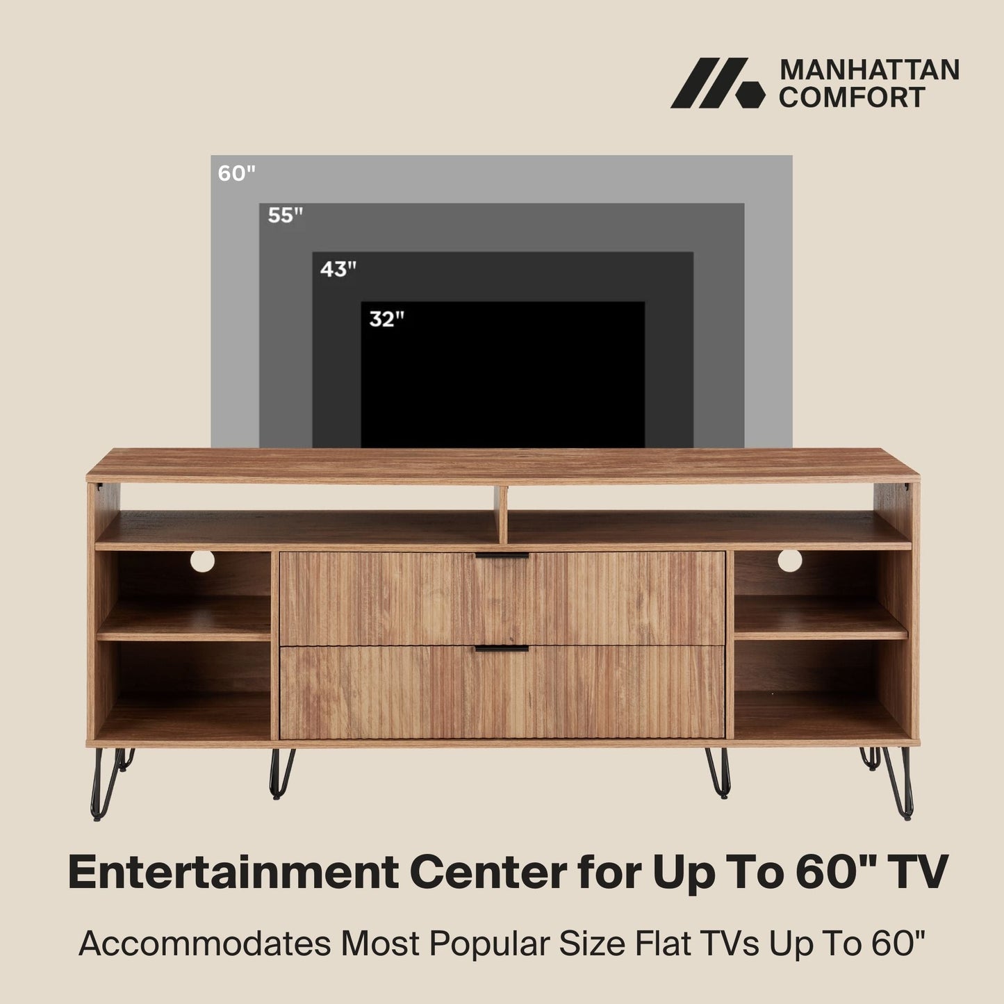 Manhattan Comfort DUMBO 63" Golden Brown Mid-Century Modern TV Stand With 6 Shelves & 2 Drawers