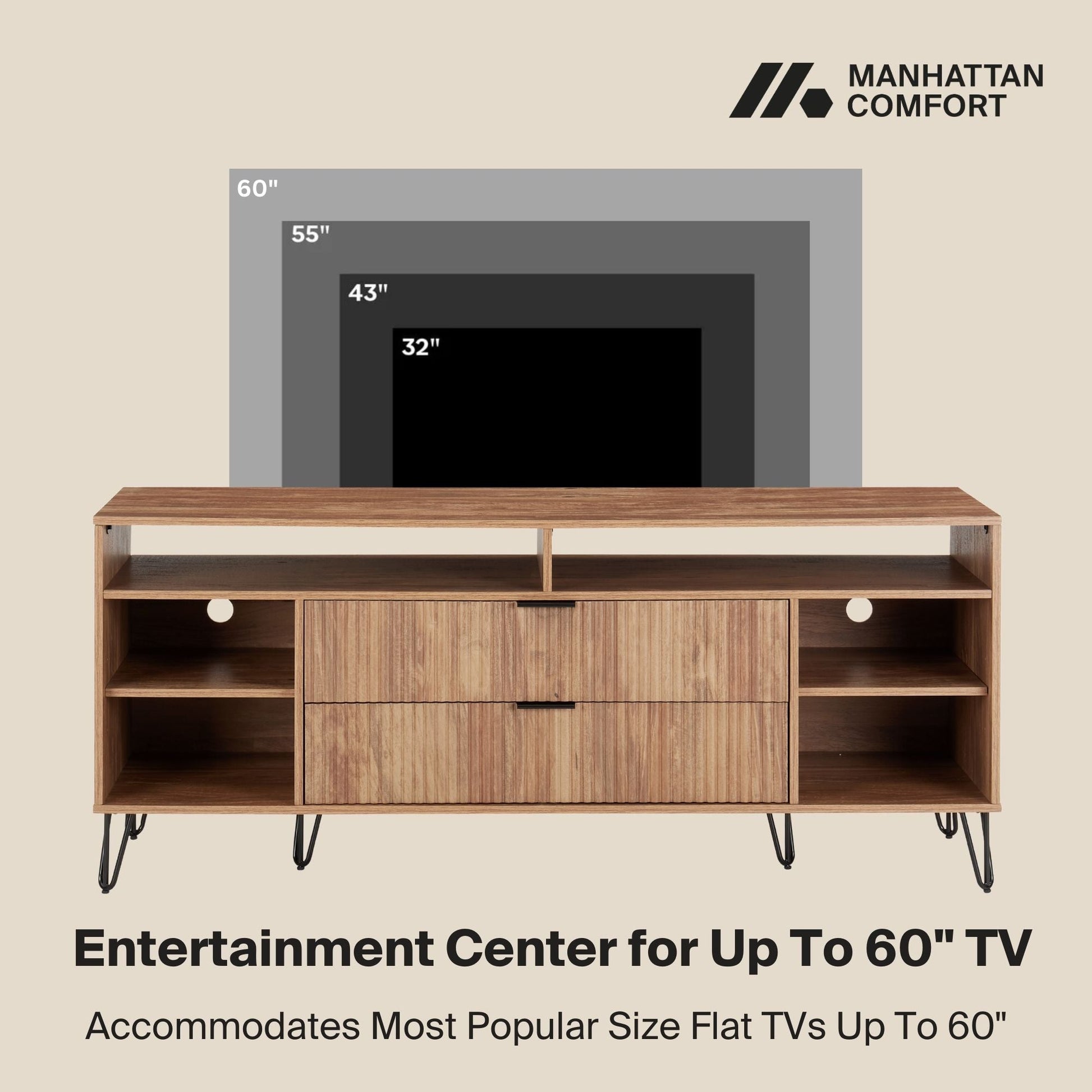 Manhattan Comfort DUMBO 63" Golden Brown Mid-Century Modern TV Stand With 6 Shelves & 2 Drawers