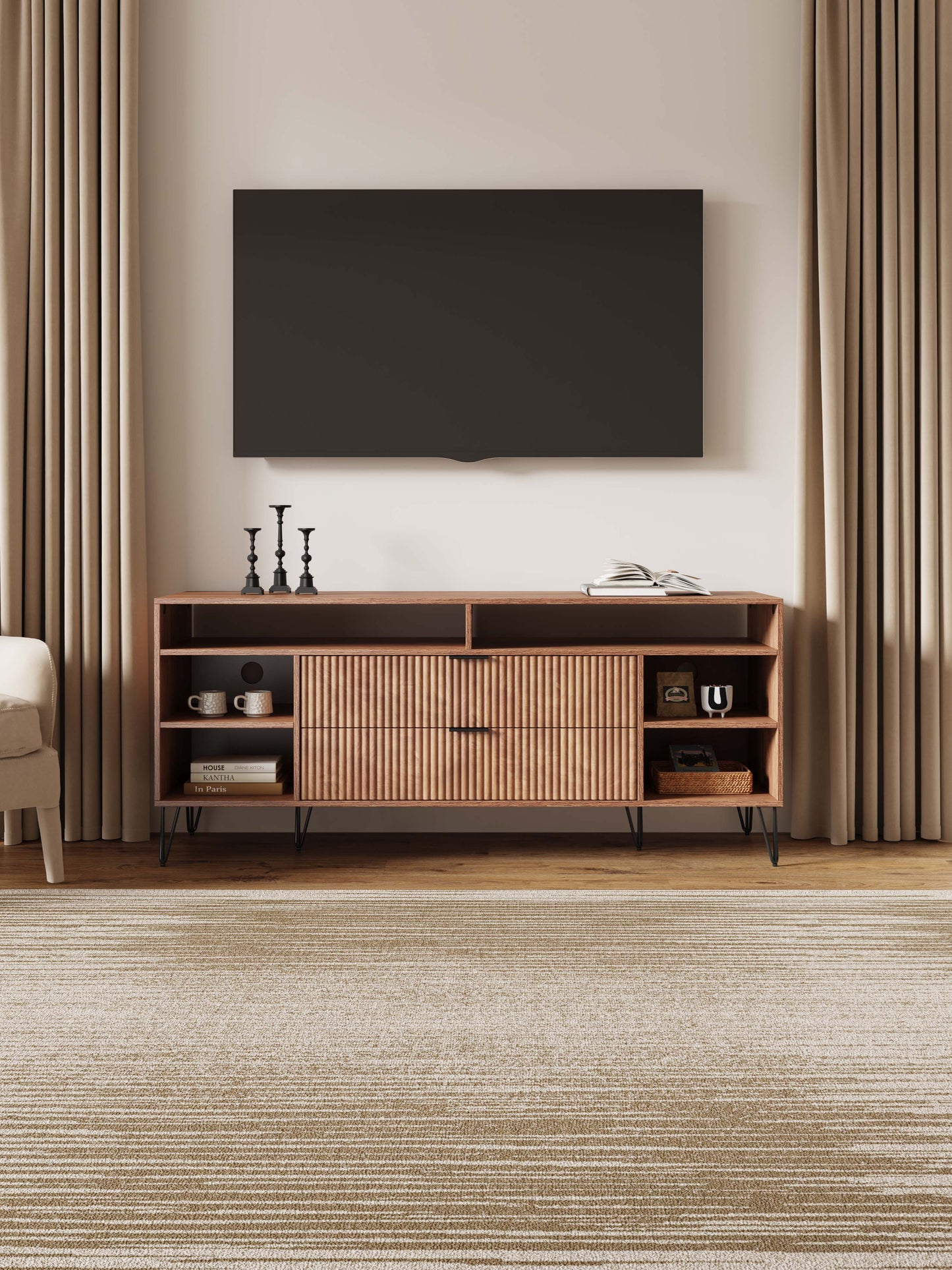 Manhattan Comfort DUMBO 63" Golden Brown Mid-Century Modern TV Stand With 6 Shelves & 2 Drawers