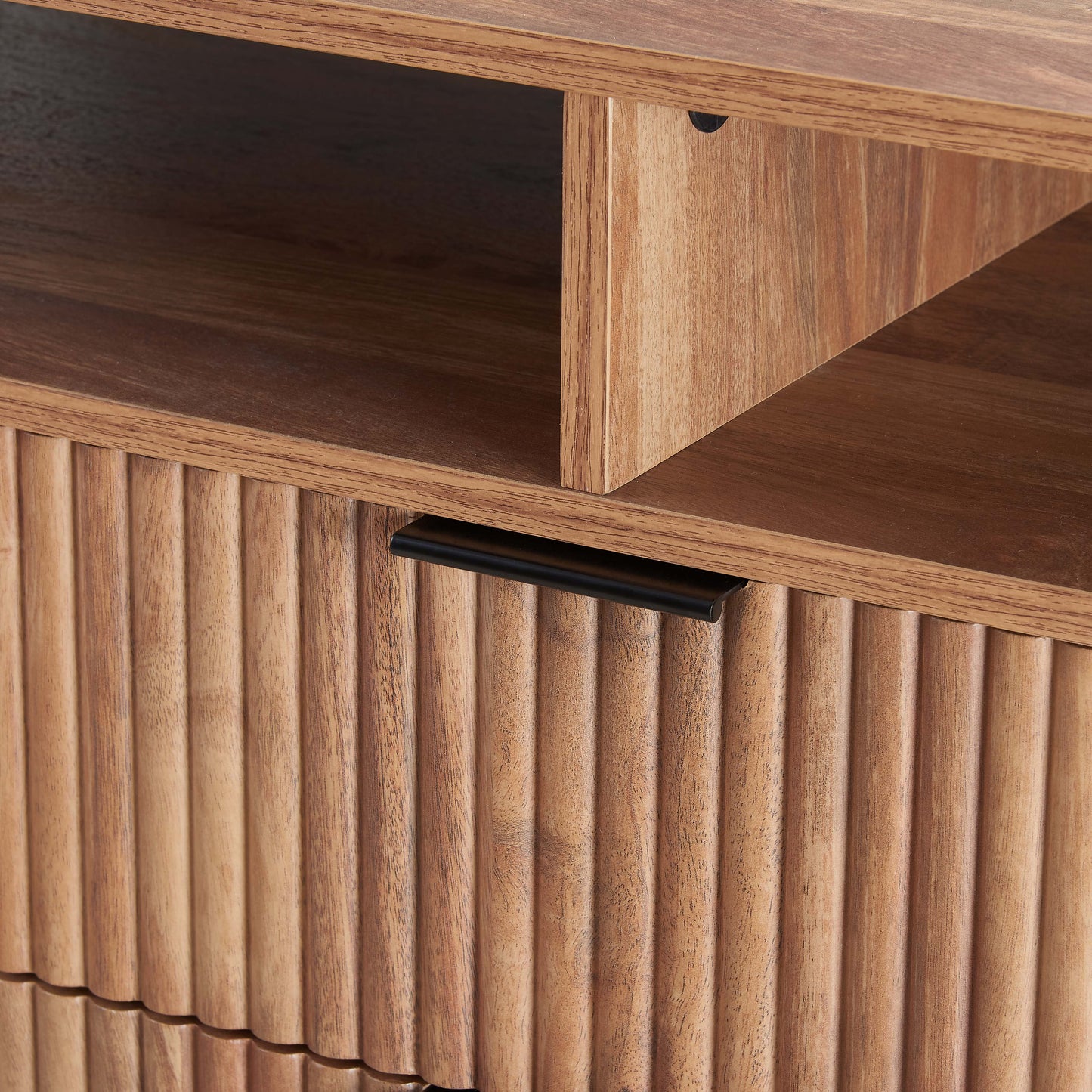 Manhattan Comfort DUMBO 63" Golden Brown Mid-Century Modern TV Stand With 6 Shelves & 2 Drawers
