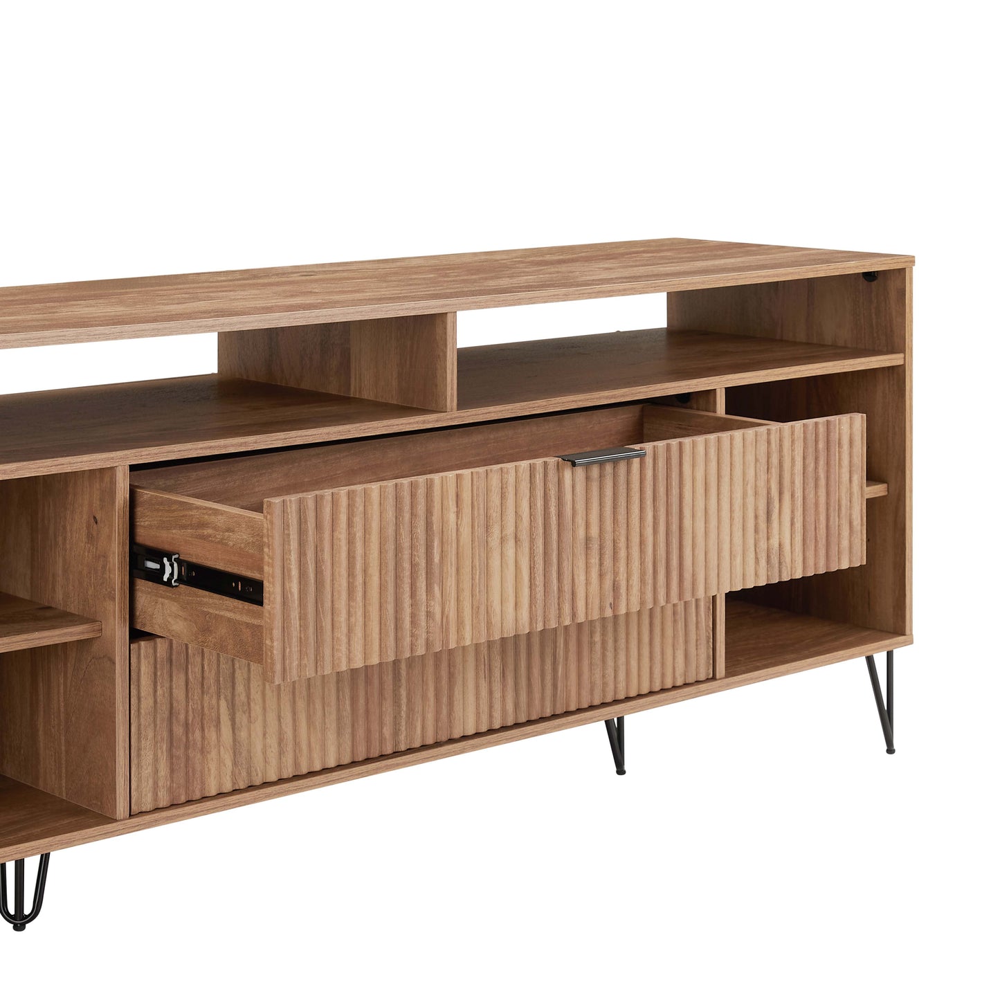 Manhattan Comfort DUMBO 63" Golden Brown Mid-Century Modern TV Stand With 6 Shelves & 2 Drawers