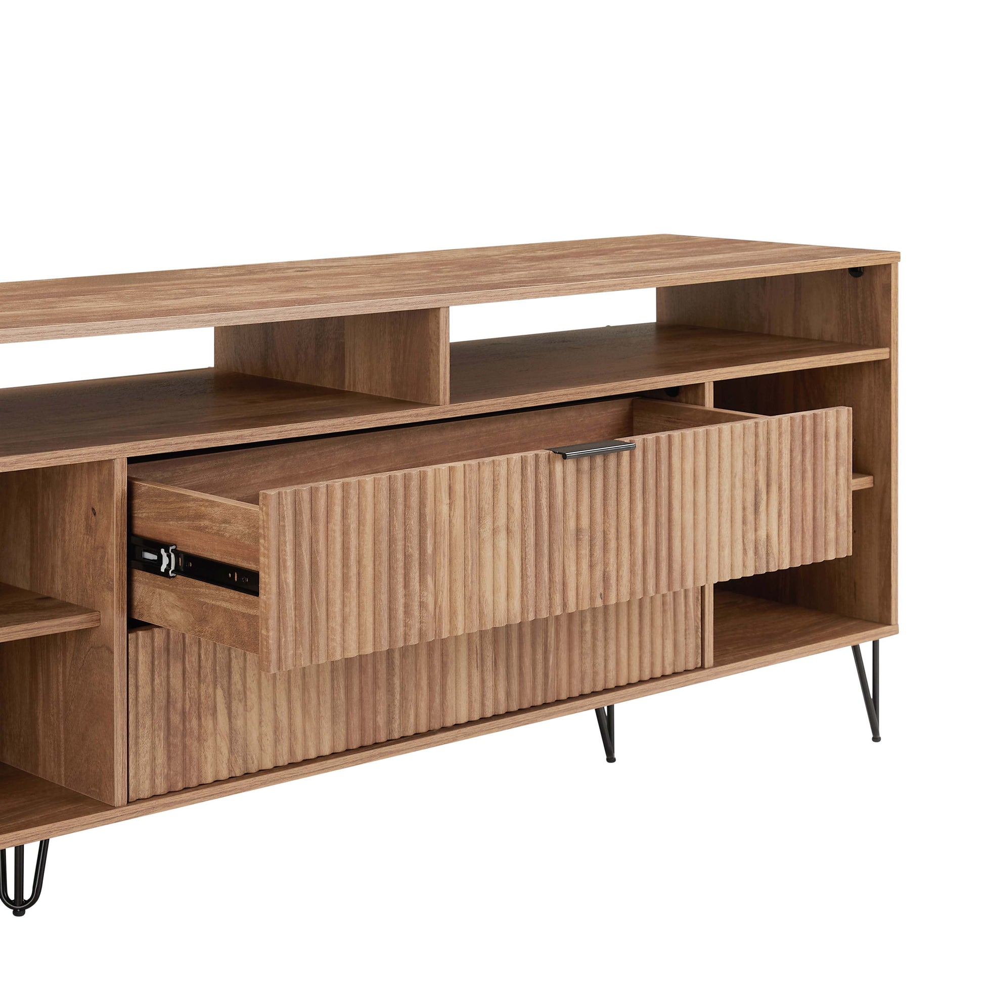 Manhattan Comfort DUMBO 63" Golden Brown Mid-Century Modern TV Stand With 6 Shelves & 2 Drawers