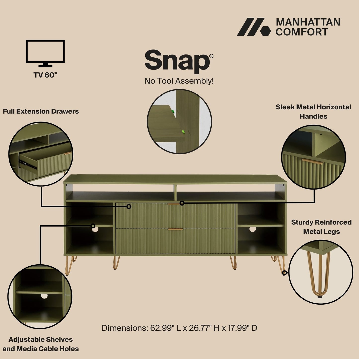 Manhattan Comfort DUMBO 63" Olive Green Mid-Century Modern TV Stand With 6 Shelves & 2 Drawers
