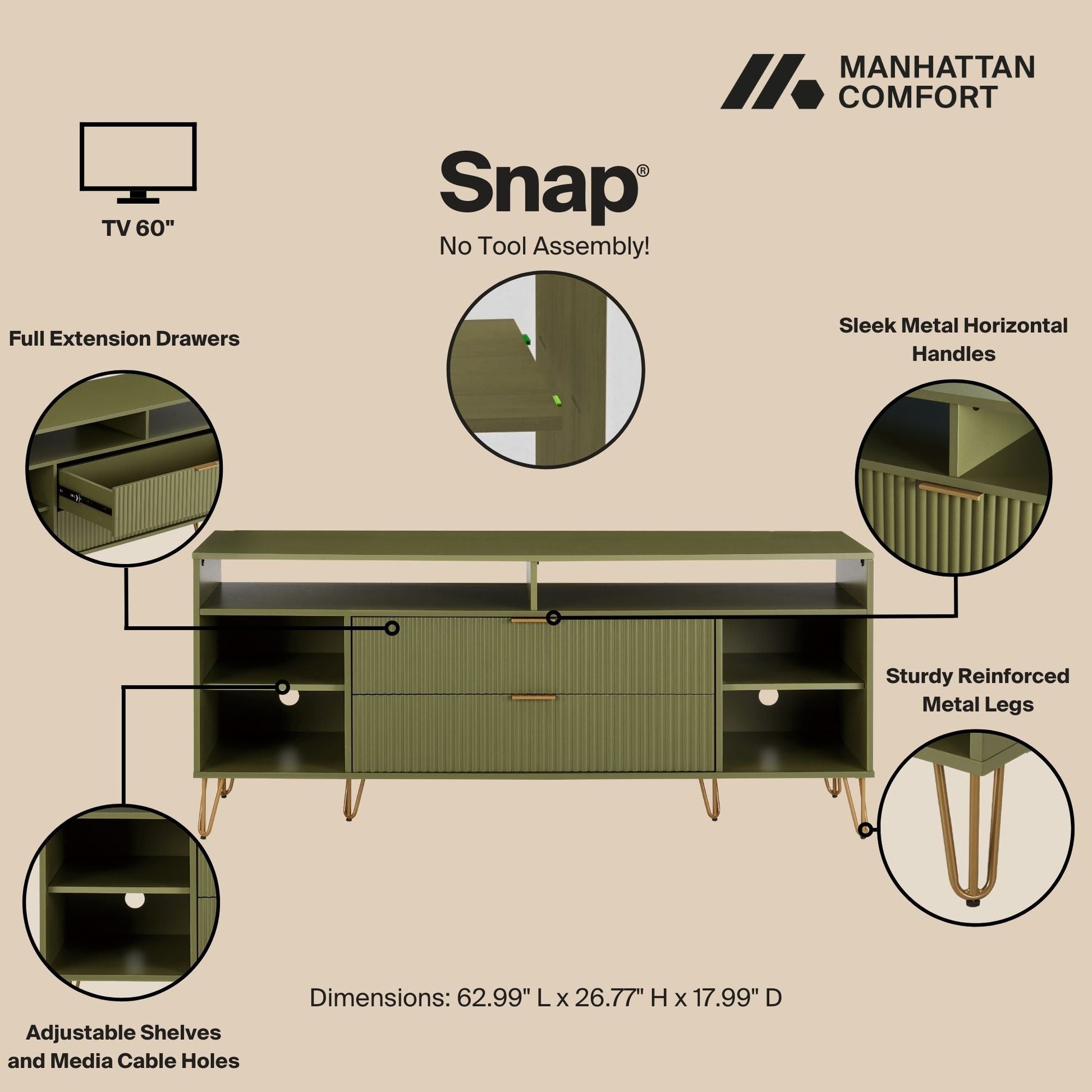 Manhattan Comfort DUMBO 63" Olive Green Mid-Century Modern TV Stand With 6 Shelves & 2 Drawers