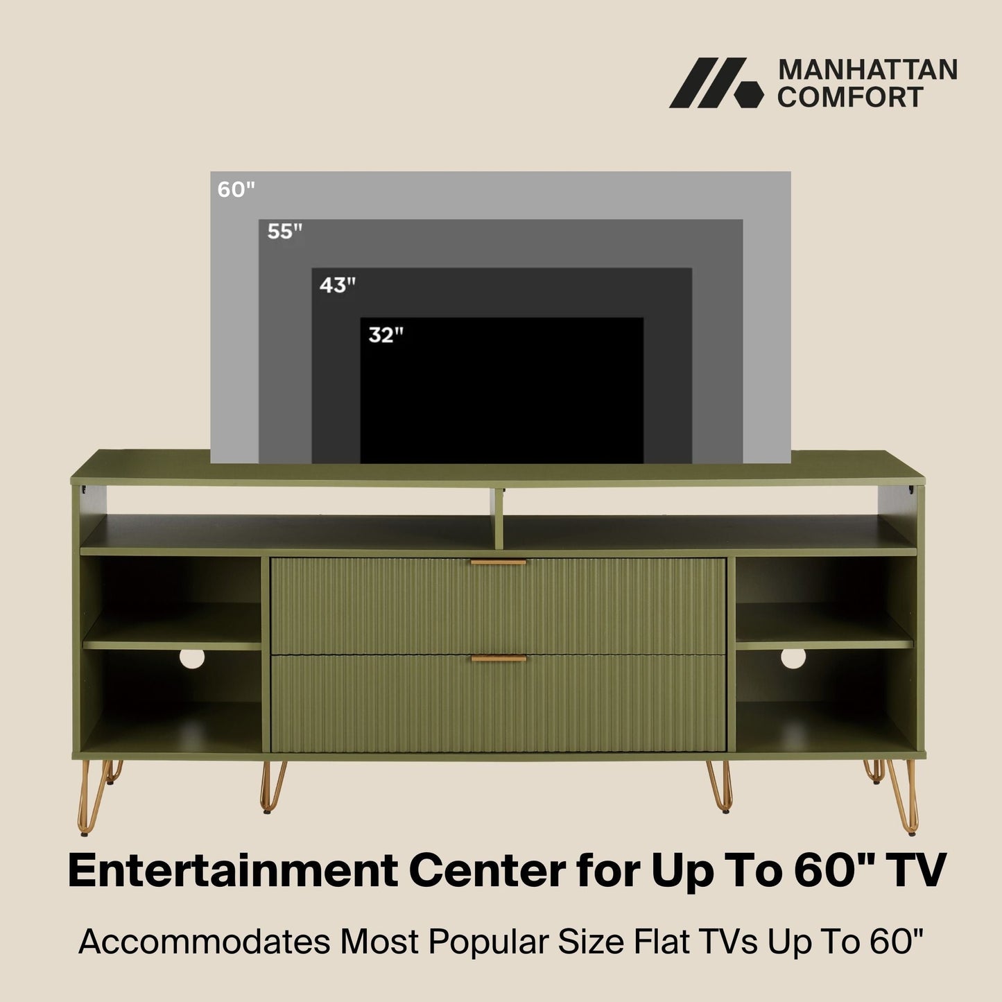Manhattan Comfort DUMBO 63" Olive Green Mid-Century Modern TV Stand With 6 Shelves & 2 Drawers