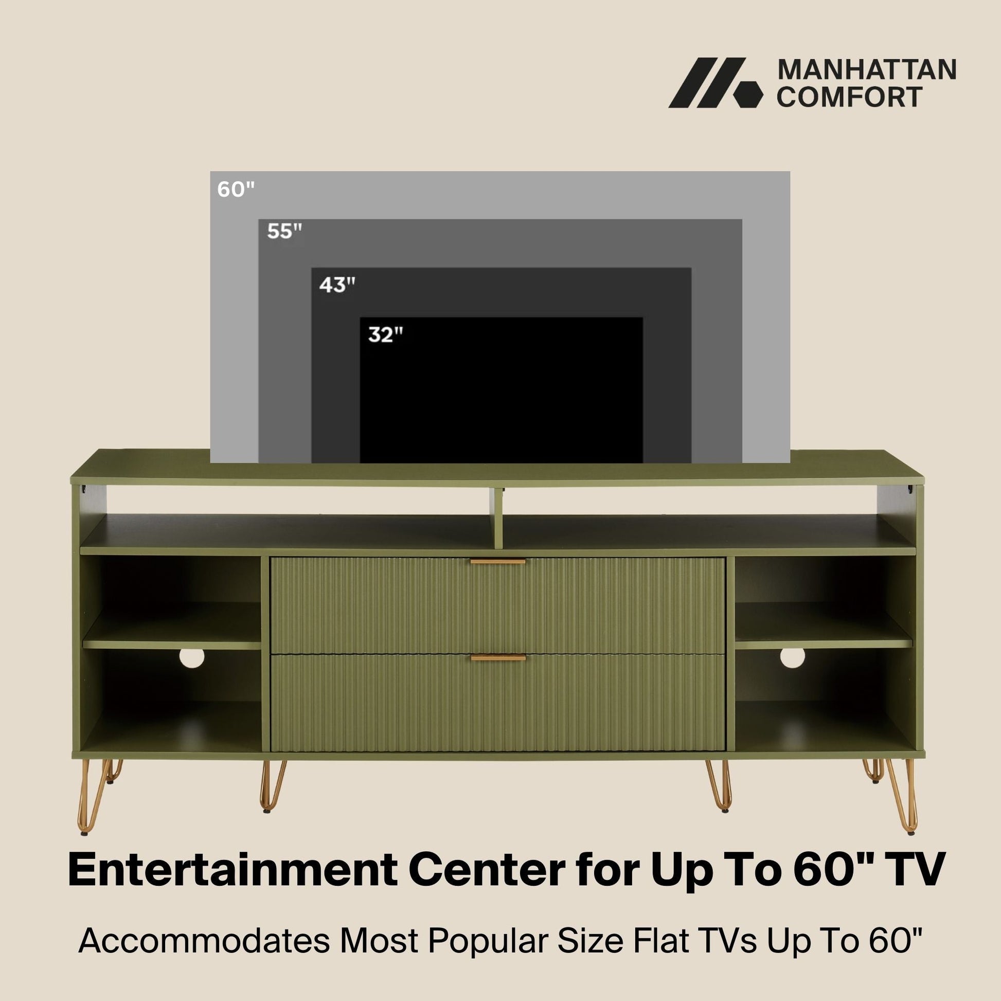 Manhattan Comfort DUMBO 63" Olive Green Mid-Century Modern TV Stand With 6 Shelves & 2 Drawers
