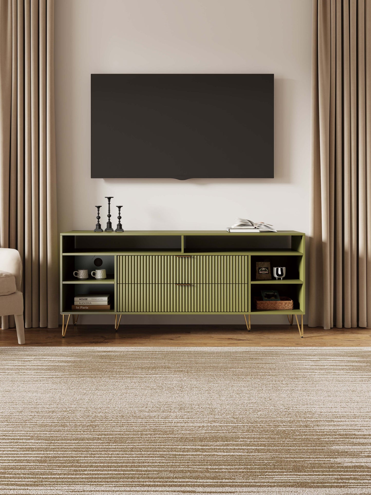 Manhattan Comfort DUMBO 63" Olive Green Mid-Century Modern TV Stand With 6 Shelves & 2 Drawers