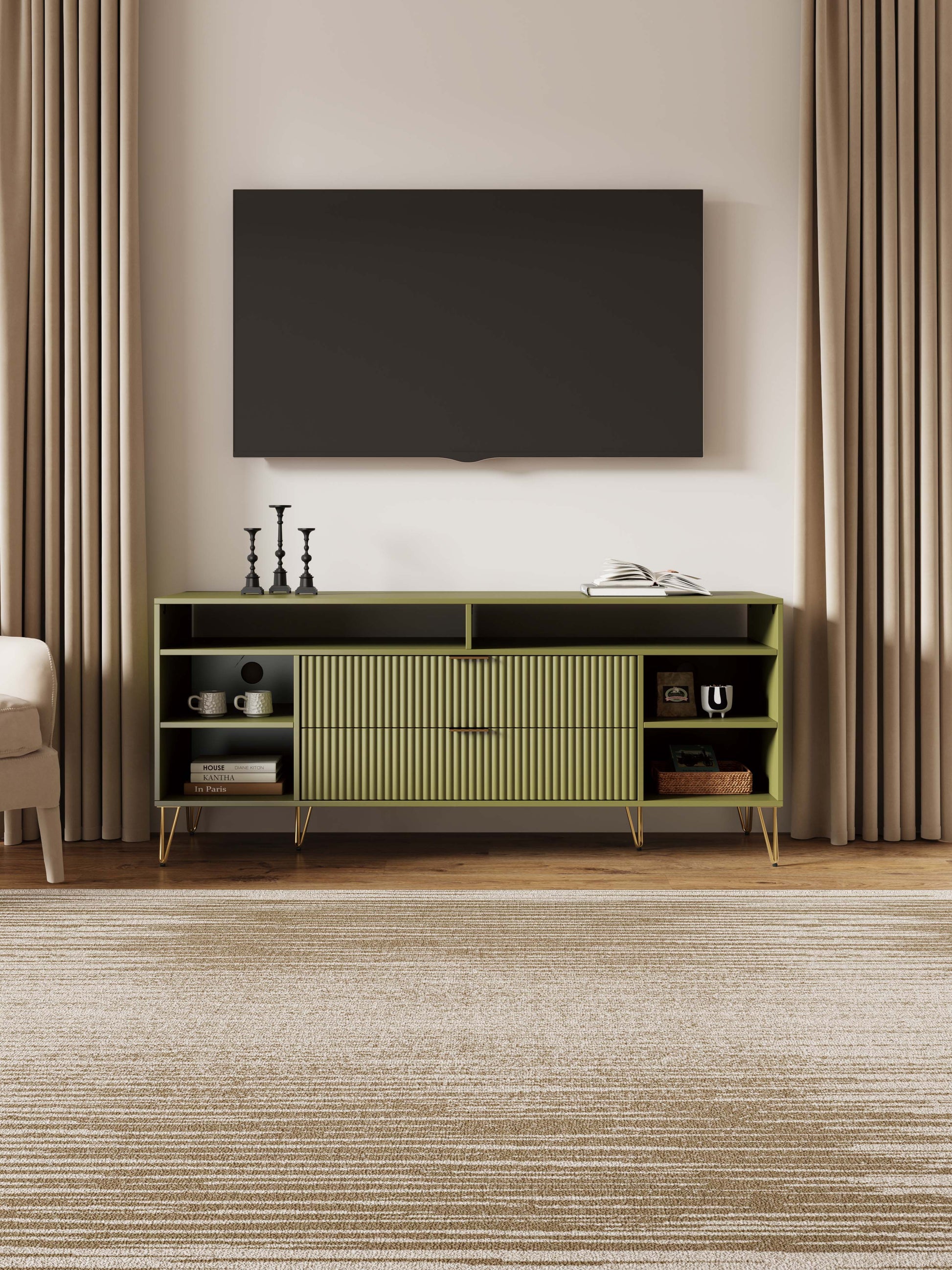 Manhattan Comfort DUMBO 63" Olive Green Mid-Century Modern TV Stand With 6 Shelves & 2 Drawers