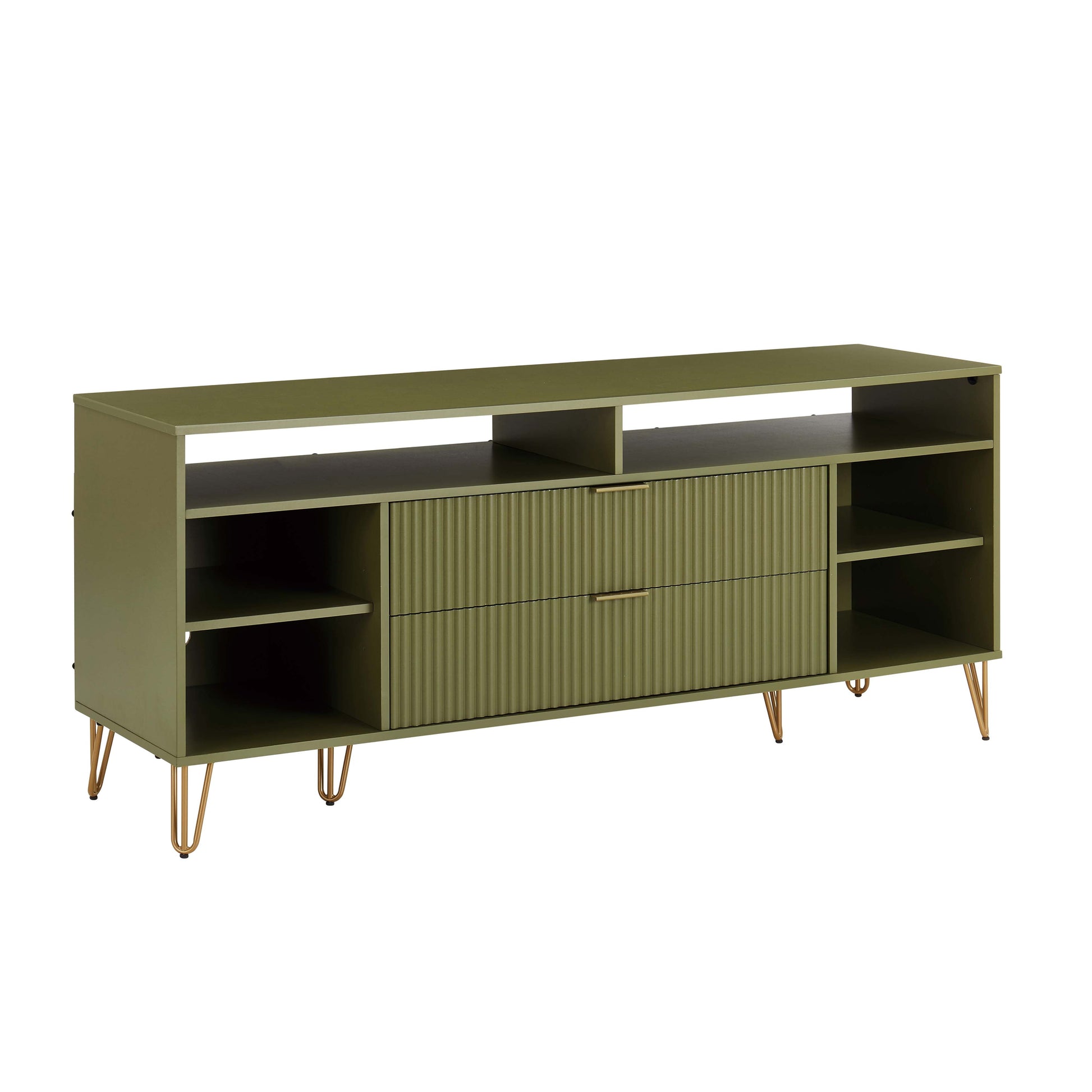 Manhattan Comfort DUMBO 63" Olive Green Mid-Century Modern TV Stand With 6 Shelves & 2 Drawers