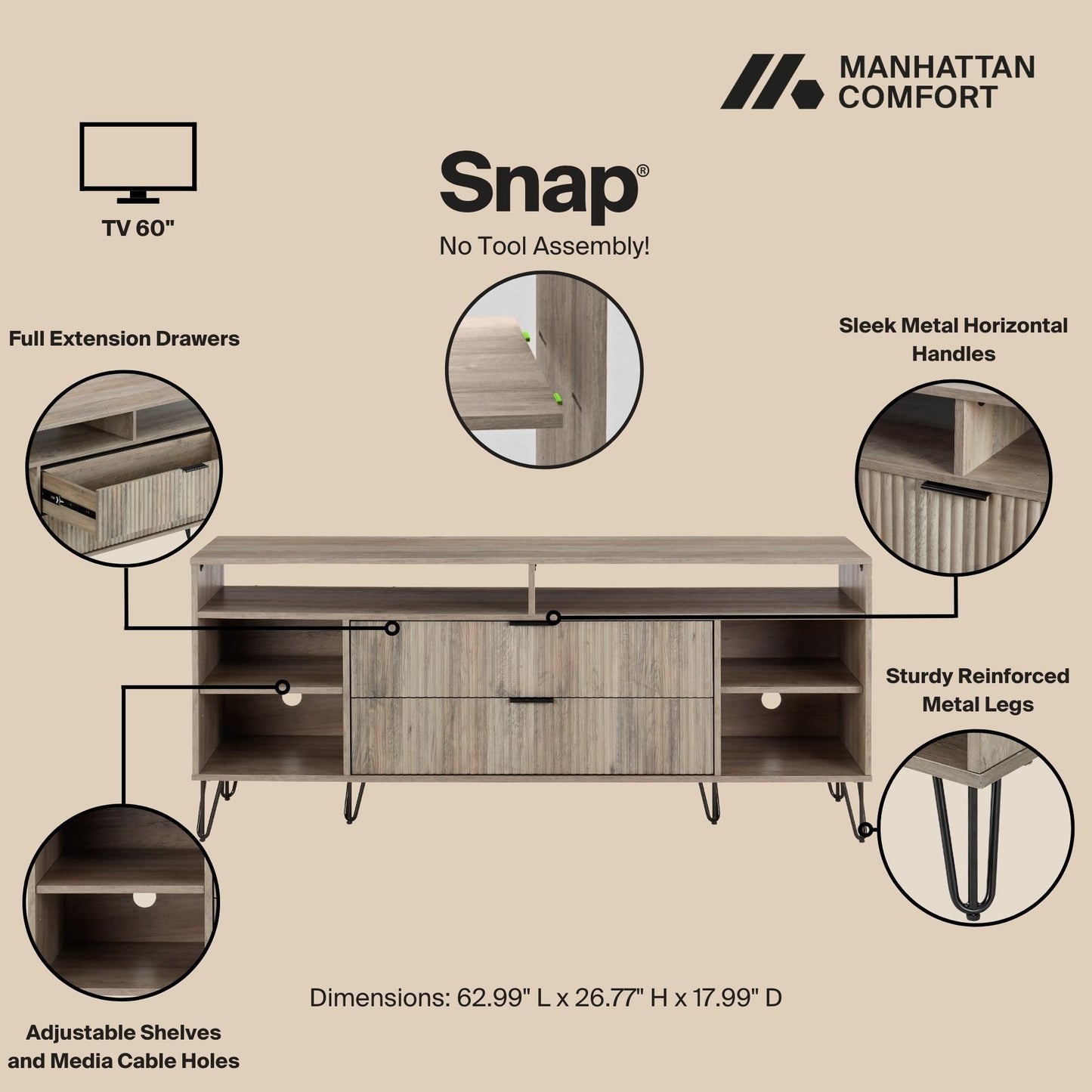 Manhattan Comfort DUMBO 63" Rustic Gray Mid-Century Modern TV Stand With 6 Shelves & 2 Drawers