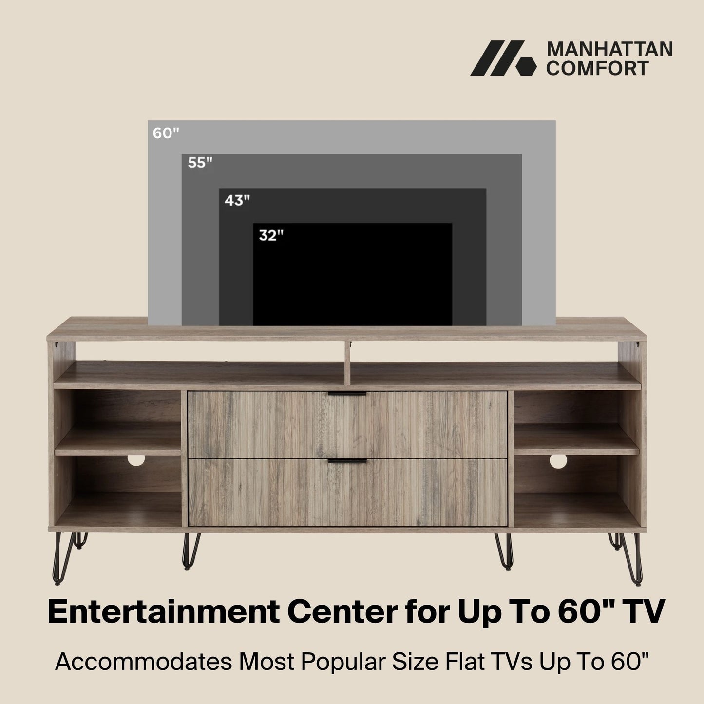 Manhattan Comfort DUMBO 63" Rustic Gray Mid-Century Modern TV Stand With 6 Shelves & 2 Drawers