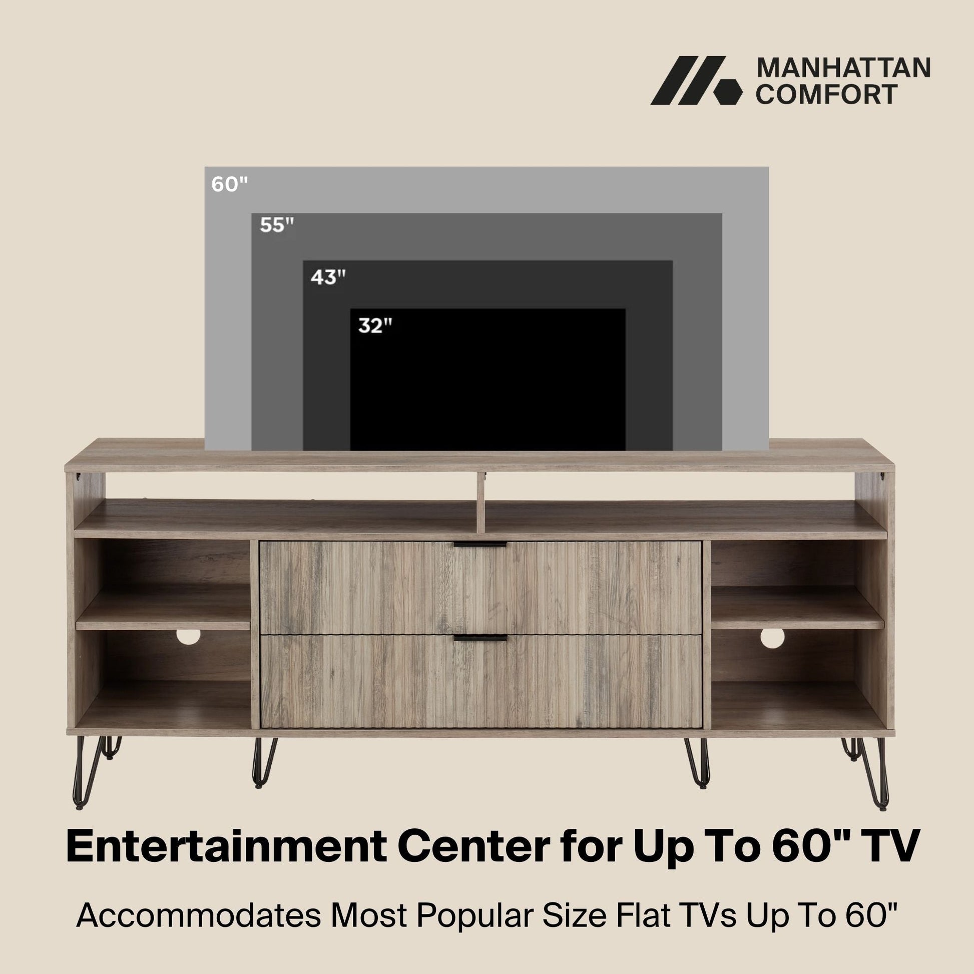 Manhattan Comfort DUMBO 63" Rustic Gray Mid-Century Modern TV Stand With 6 Shelves & 2 Drawers
